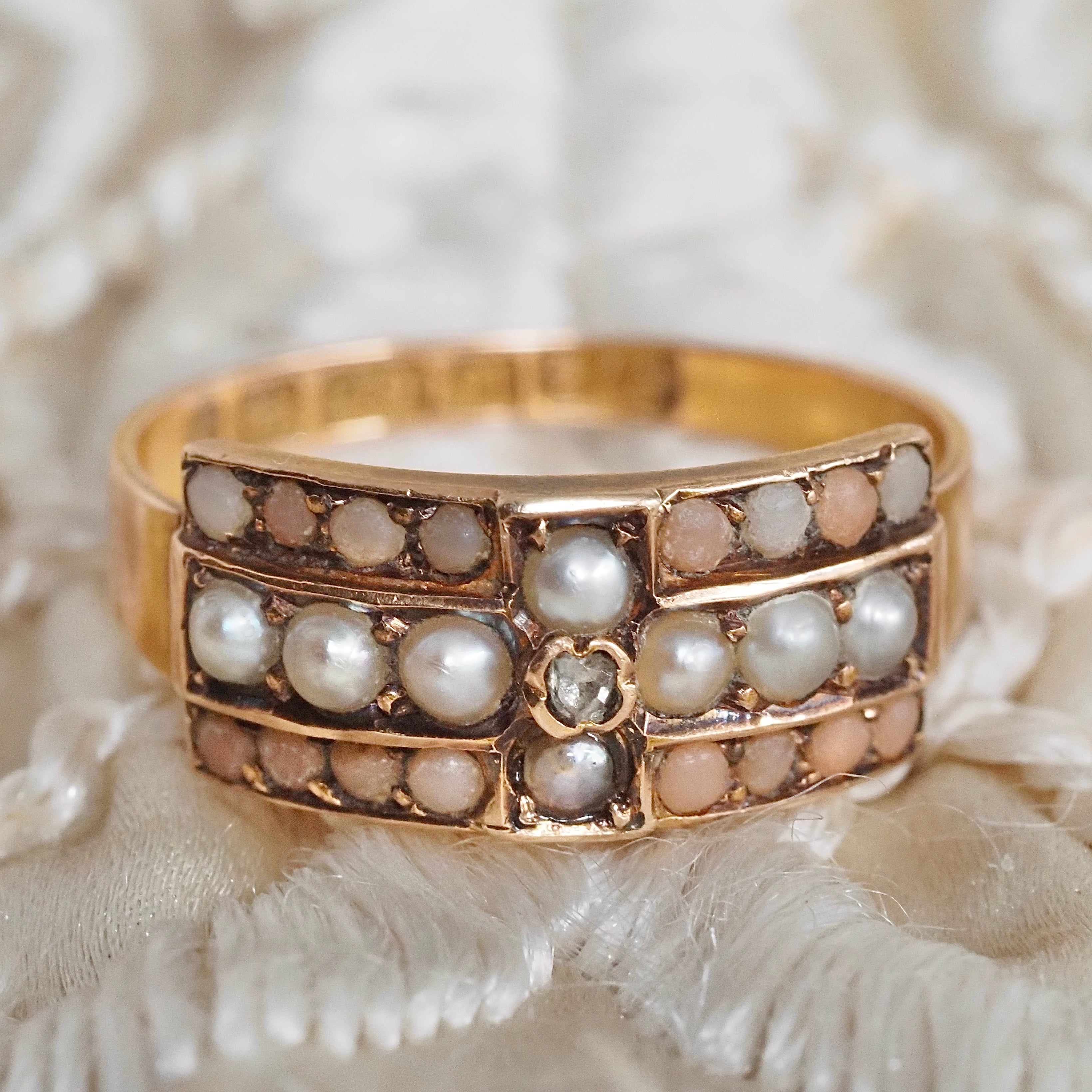 Antique Victorian 15k Gold Coral Diamond and Seed Pearl Ring