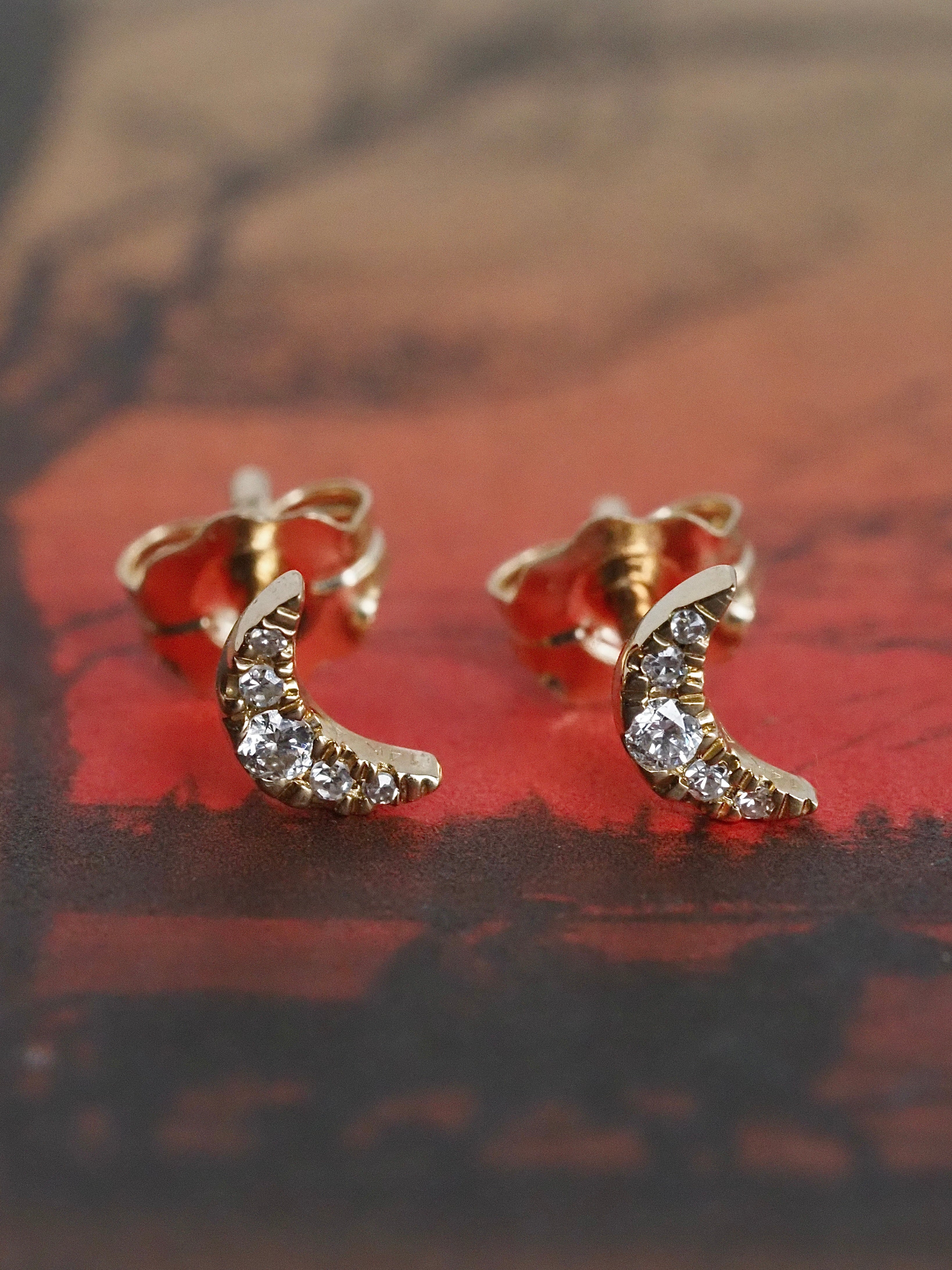 Vintage Diamond Crescent Moon 14k Gold Studs