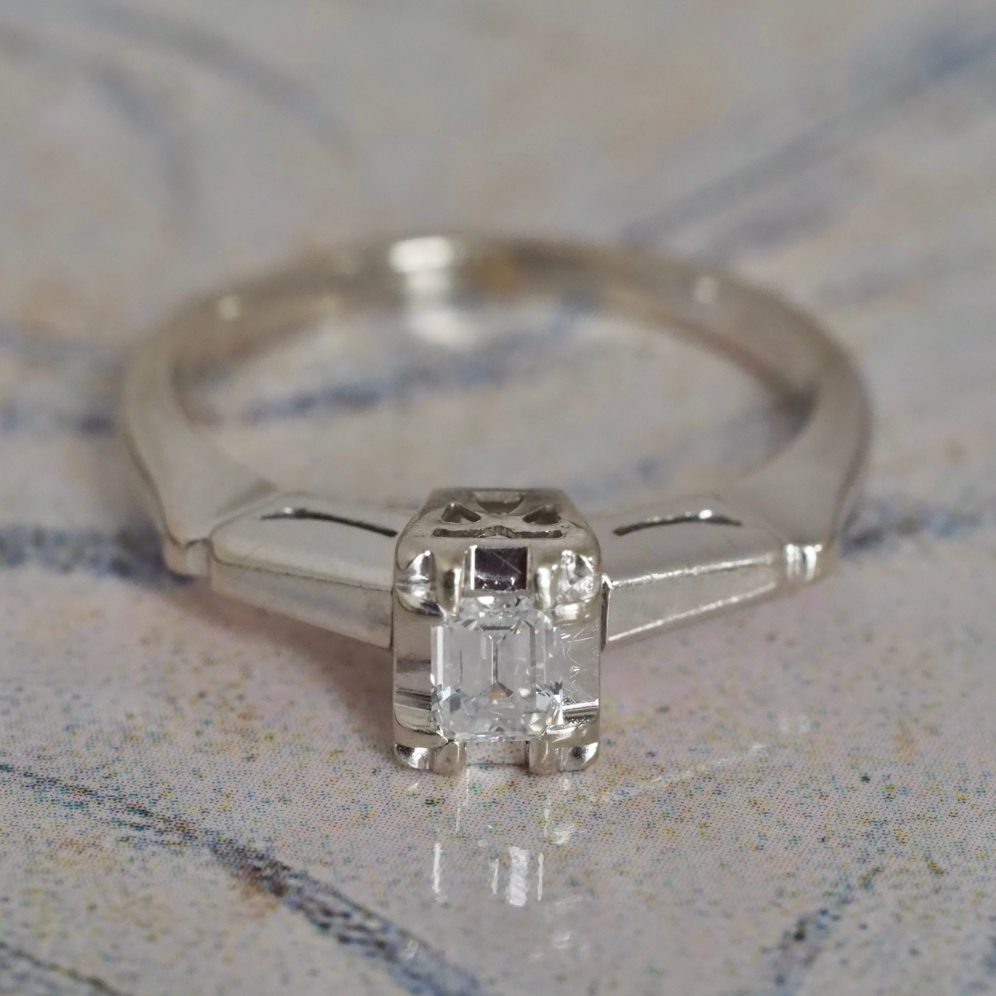 Antique Art Deco 14k White Gold Illusion Set Emerald Cut Diamond Ring