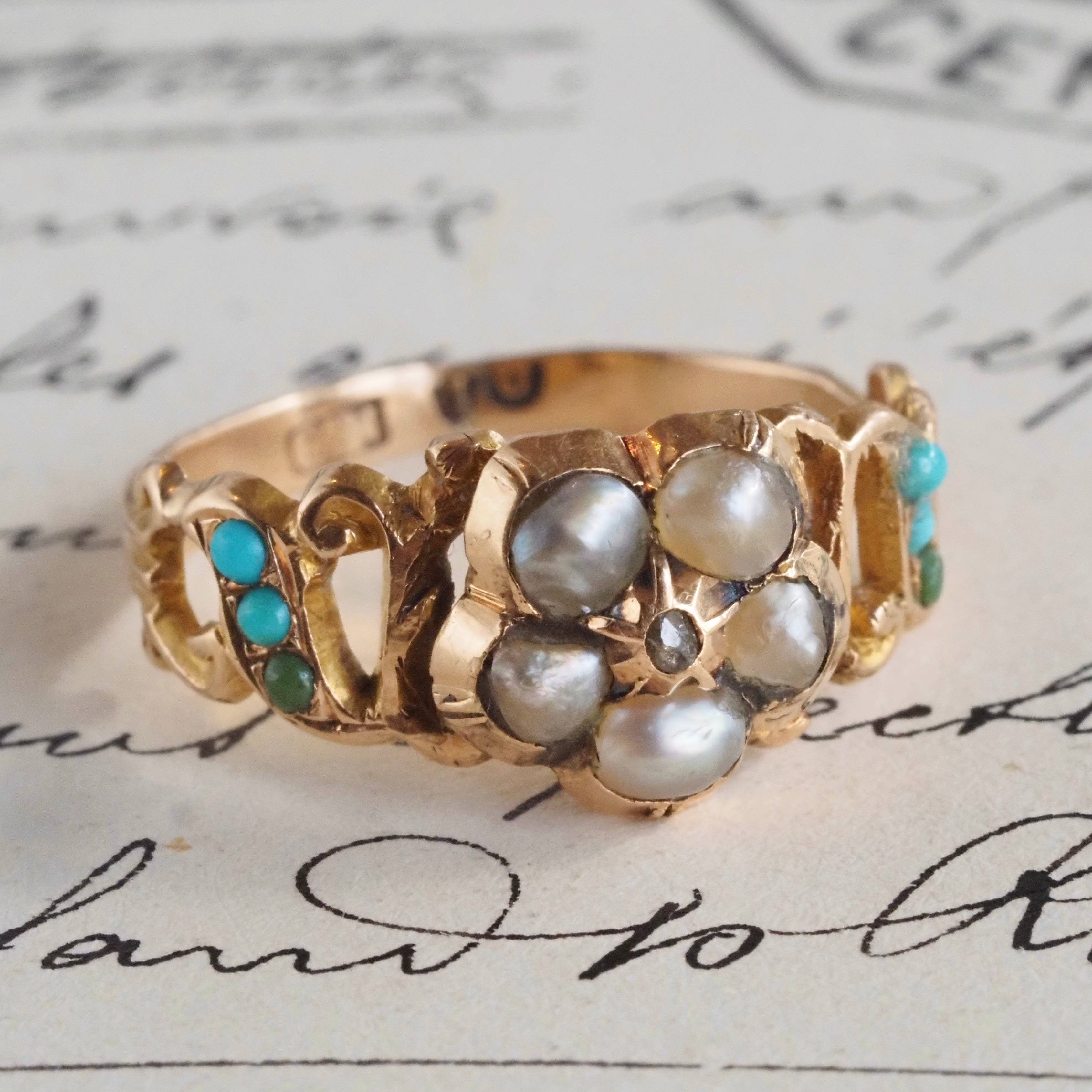 Antique Victorian Pearl Turquoise and Diamond Flower 14k Gold Ring