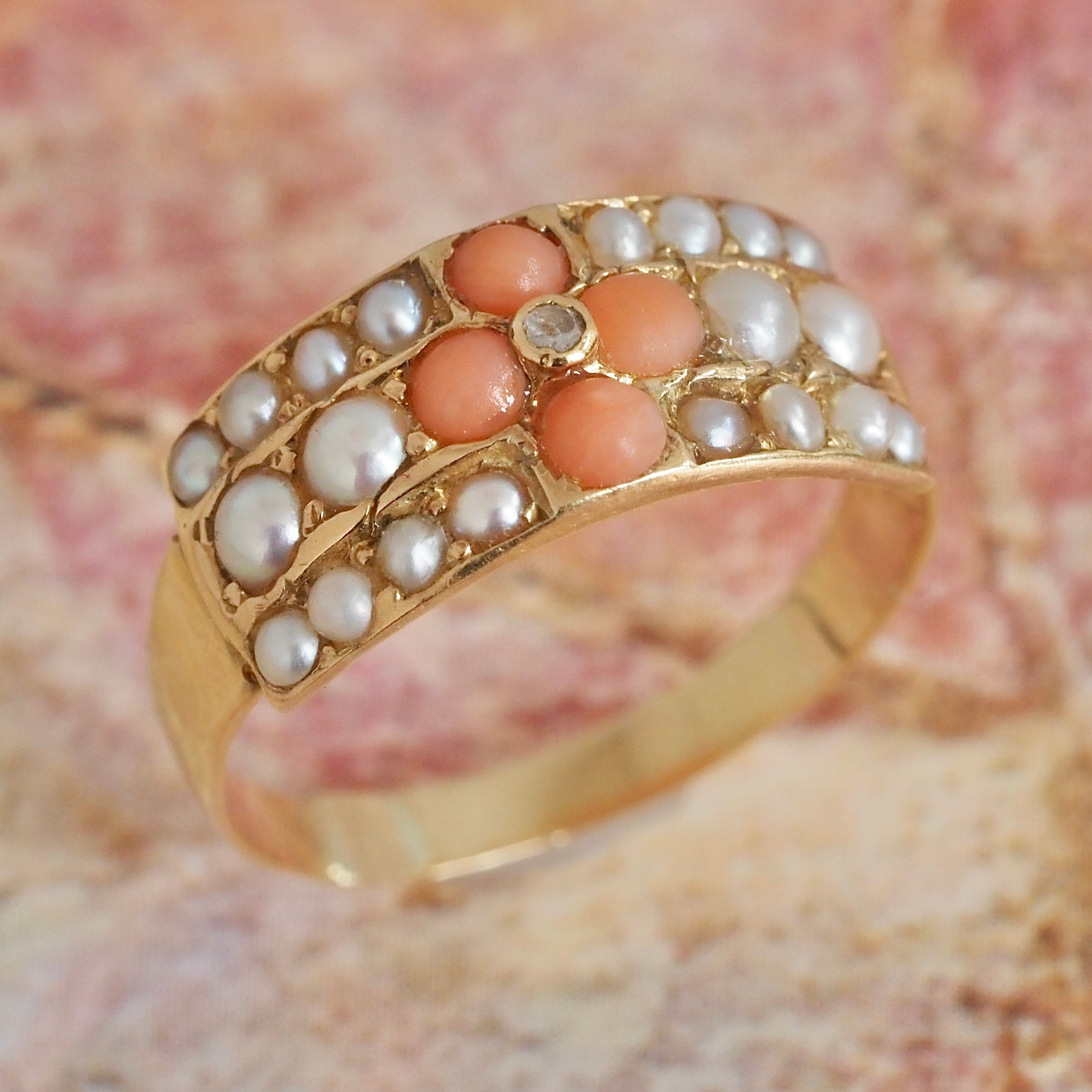 Antique c. 1881 English Coral Seed Pearl Rose Cut Diamond 18k Gold Ring