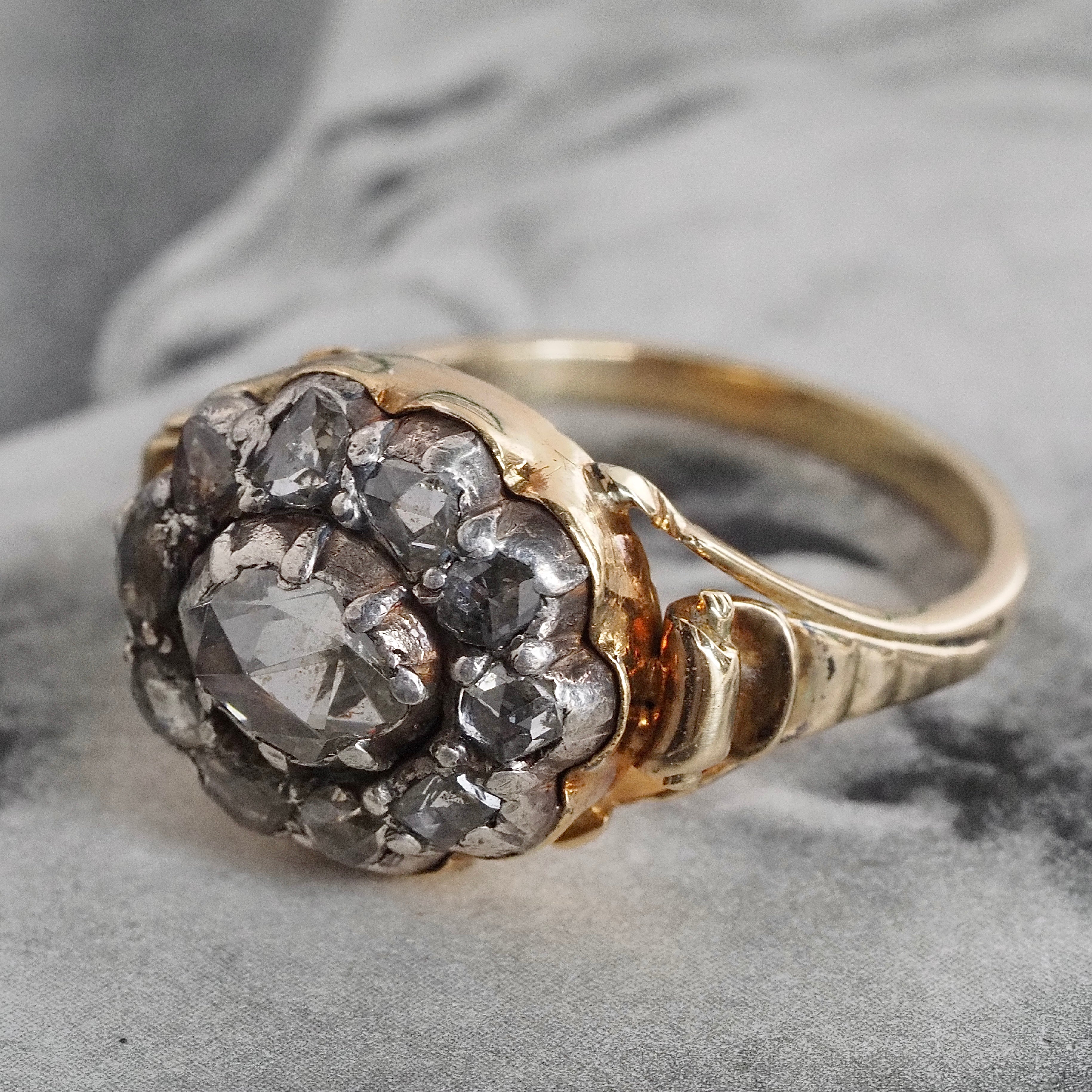Antique Georgian c. 1800-1810 18k Gold Foil Backed Rose Cut Diamond Cluster Ring