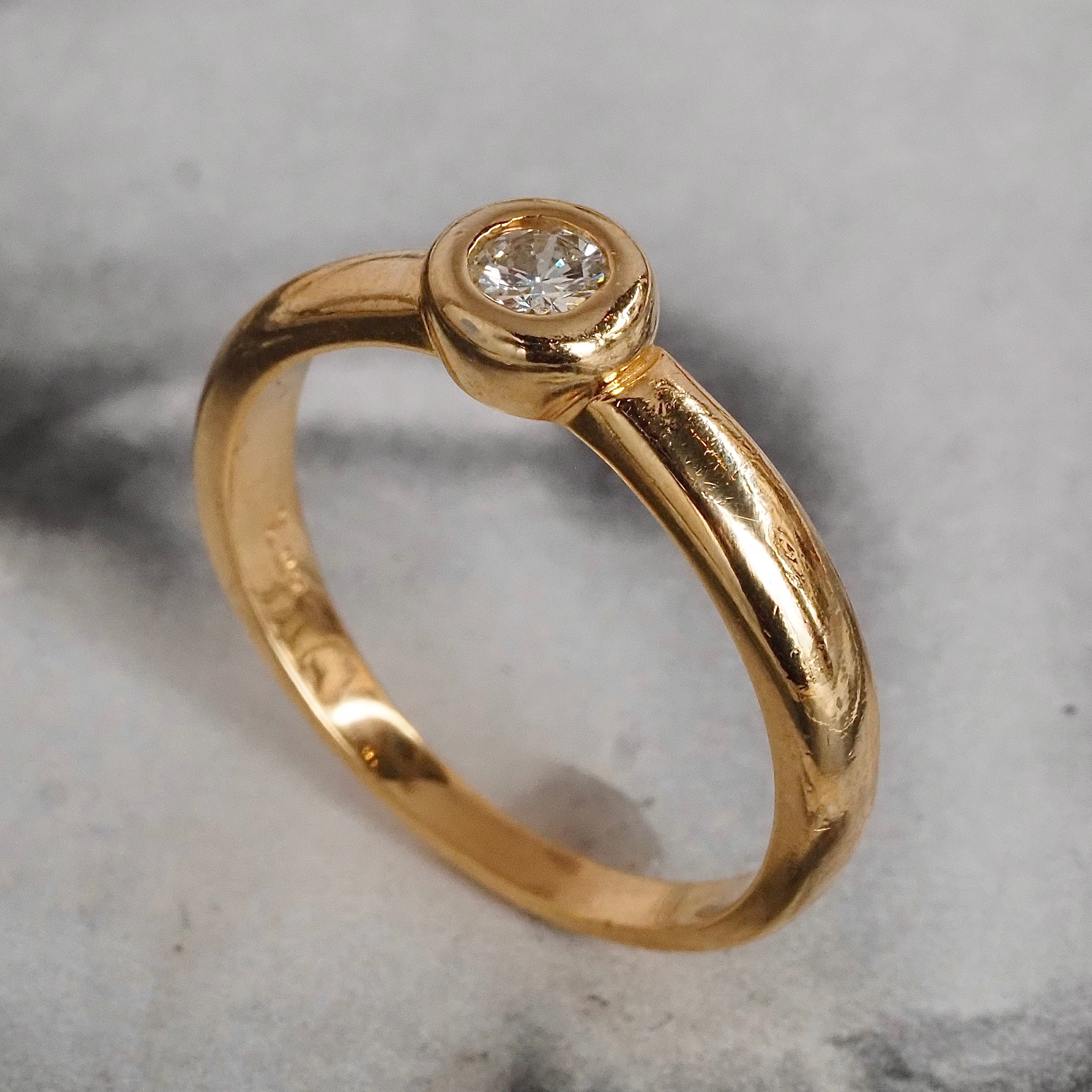 Vintage Round Brilliant Cut Diamond 14k Gold Bezel Set Solitaire Engagement Ring