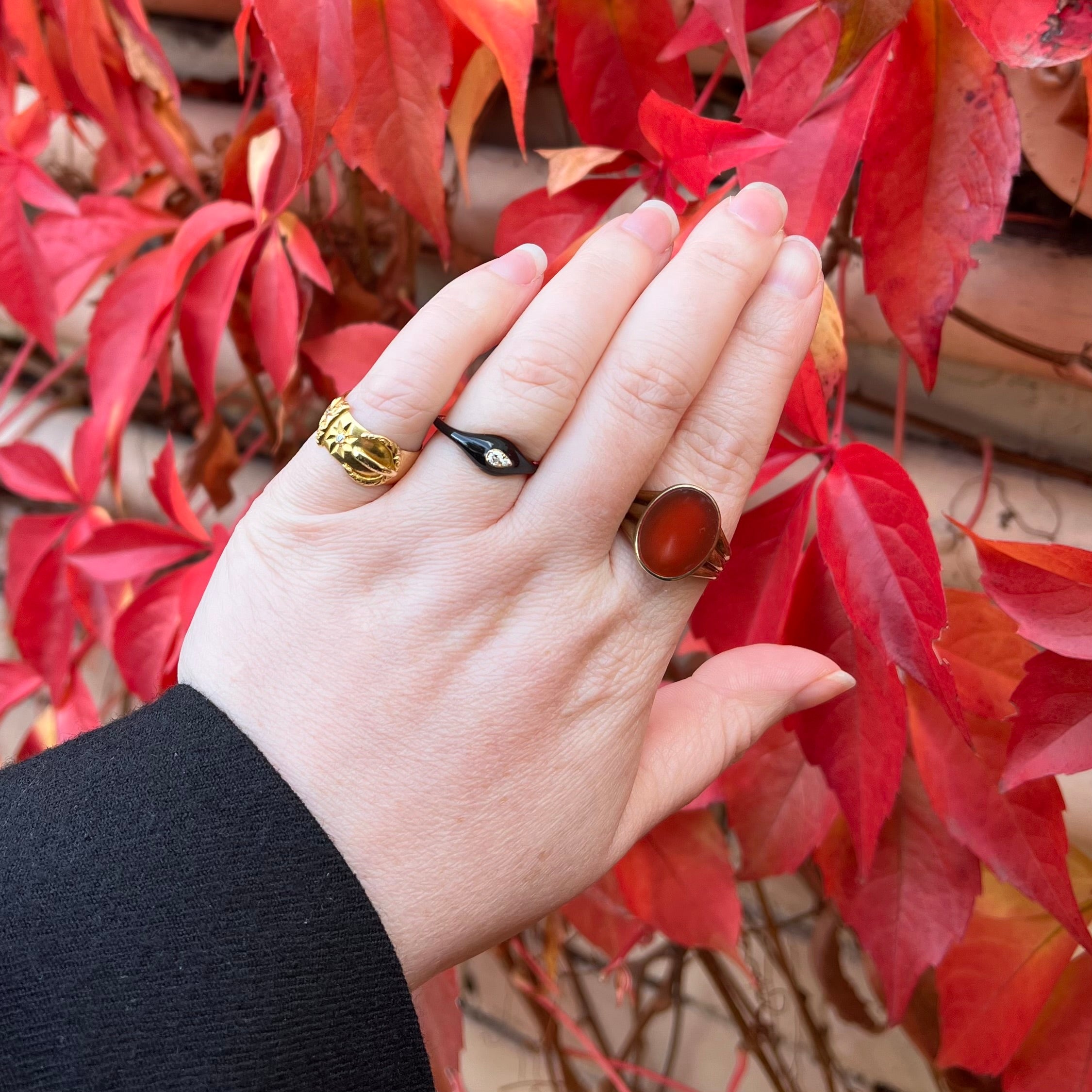 Domed Black Enamel 18k Gold Diamond Teardrop Ring