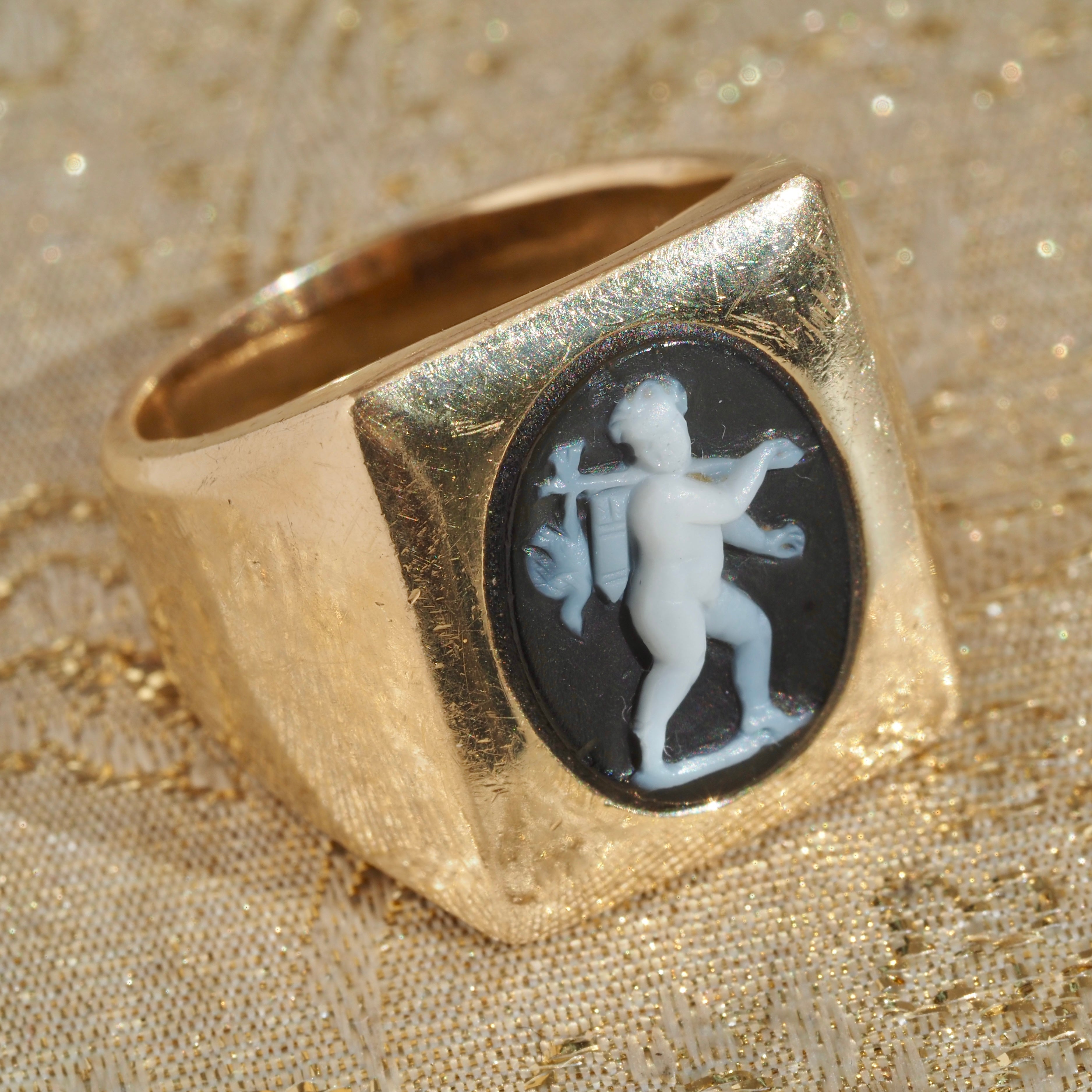 Antique Banded Agate Cherub Cameo Mounted in a Vintage 14k Gold Signet Ring