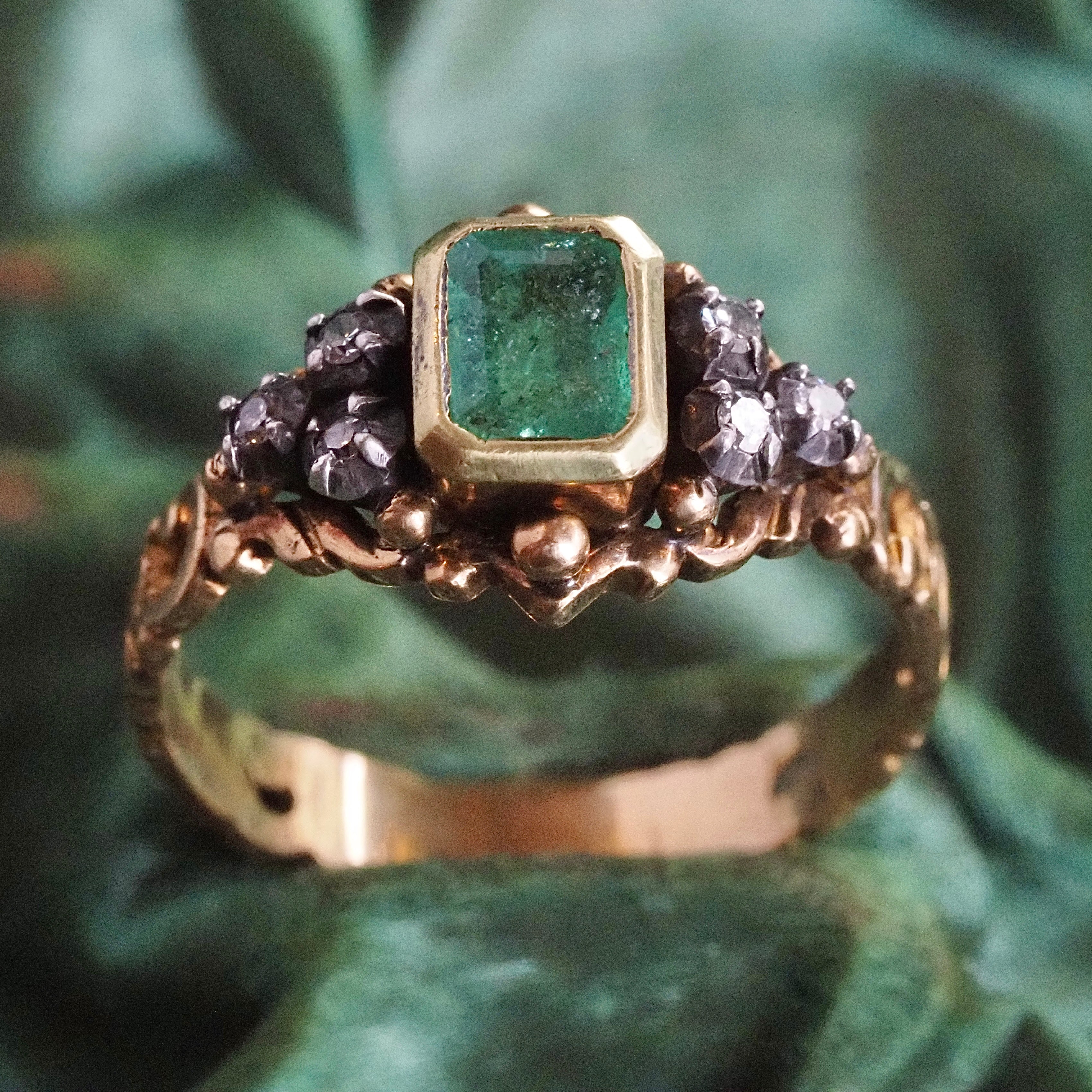 Vintage Victorian Style Emerald and Diamond 18k Gold and Silver Ring