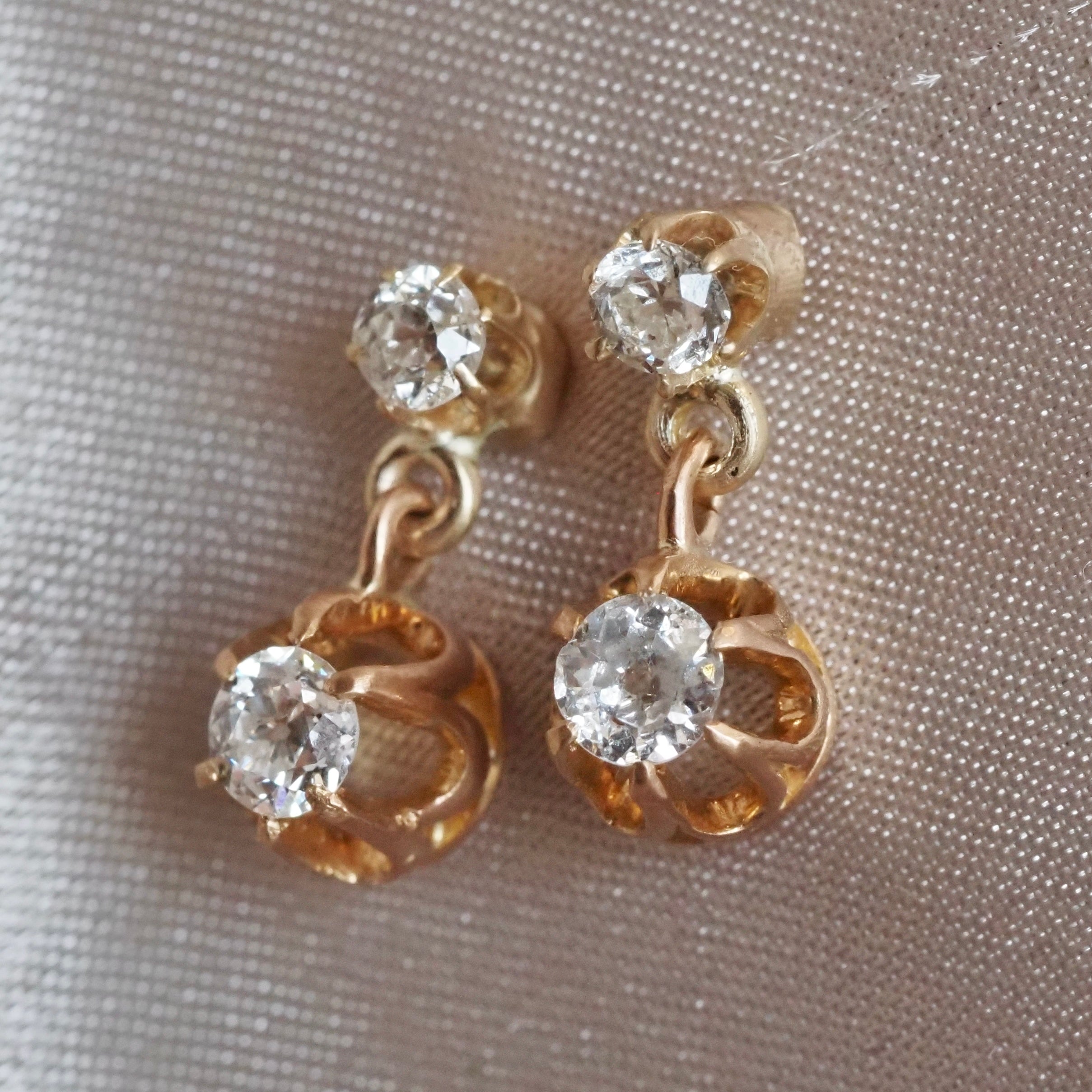 Antique Victorian 14k Gold Old Mine Cut Diamond Drop Earrings