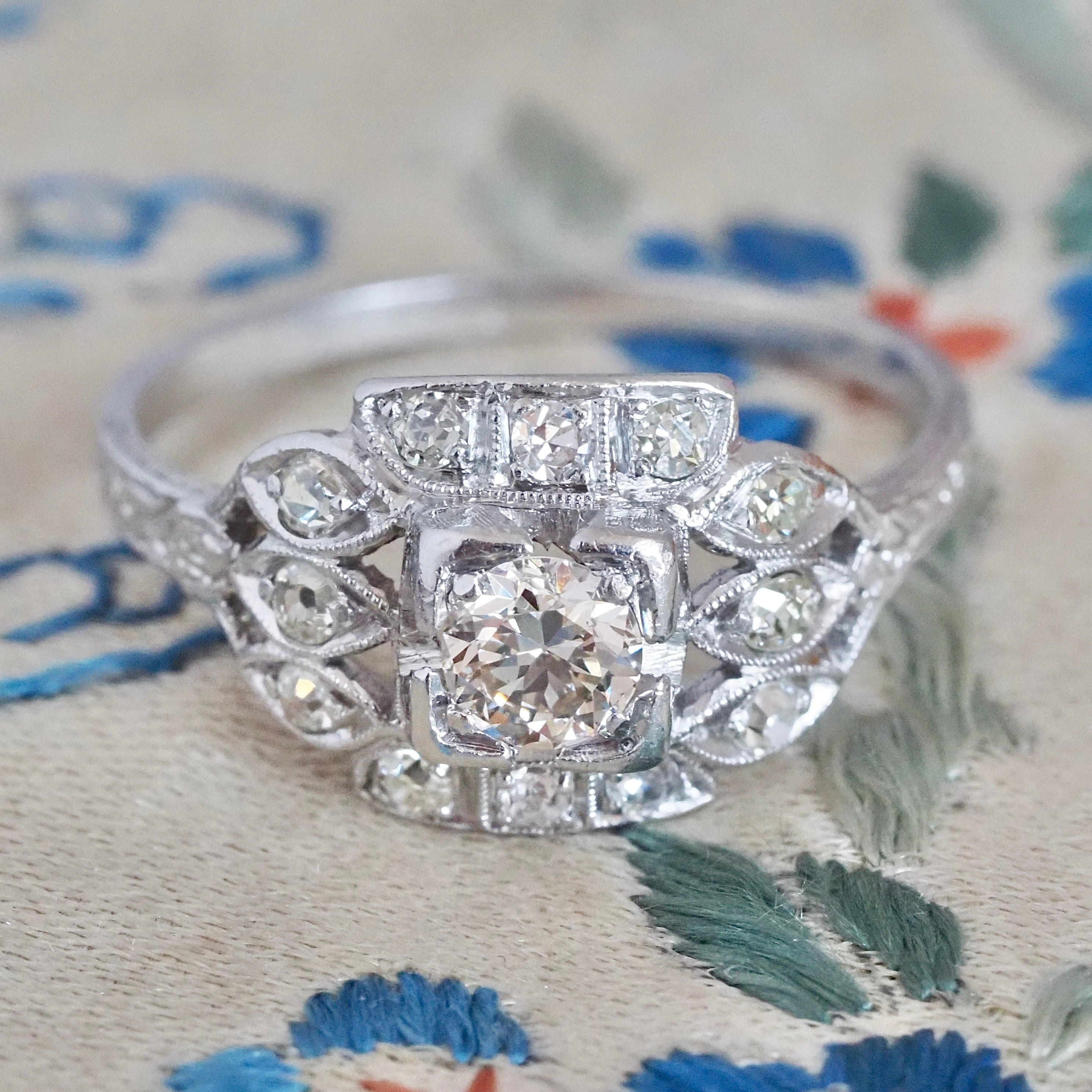 Antique Art Deco Platinum Old European Cut Diamond Shield Ring