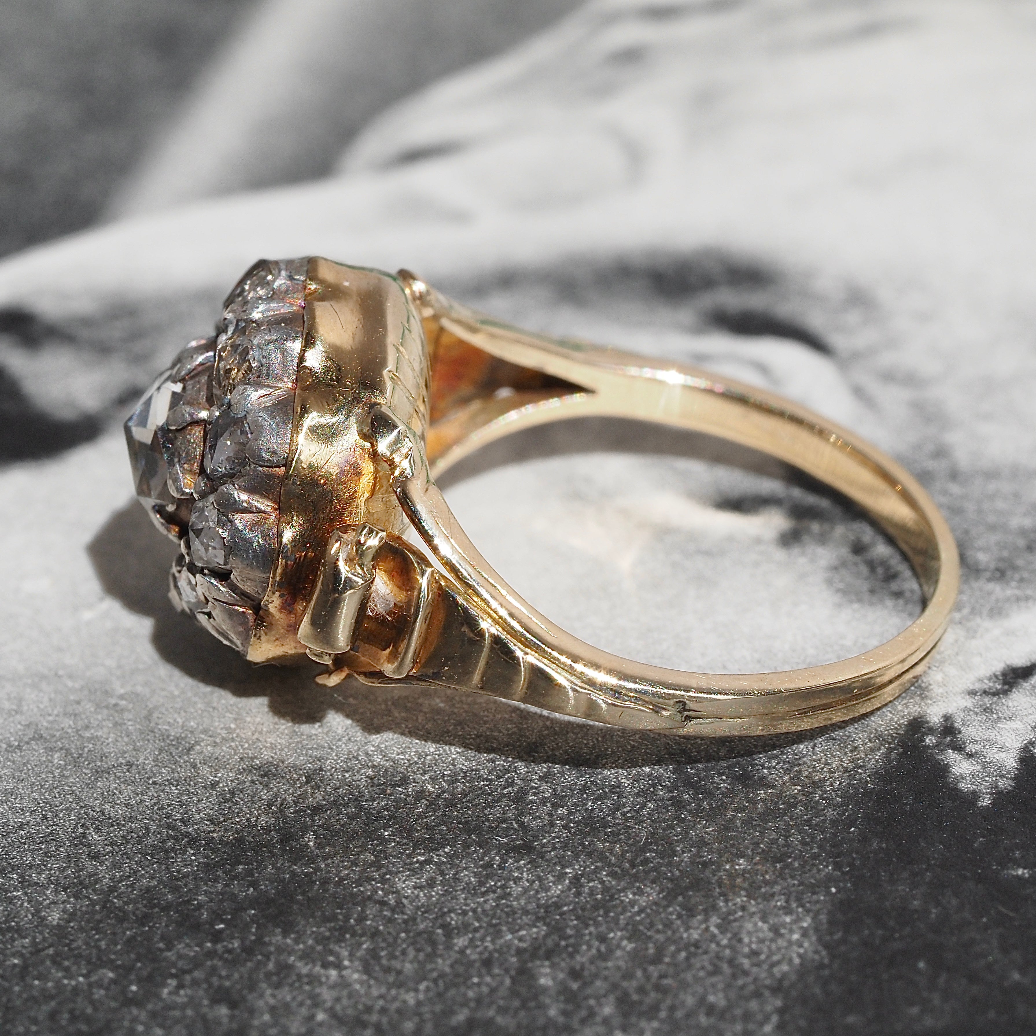 Antique Georgian c. 1800-1810 18k Gold Foil Backed Rose Cut Diamond Cluster Ring