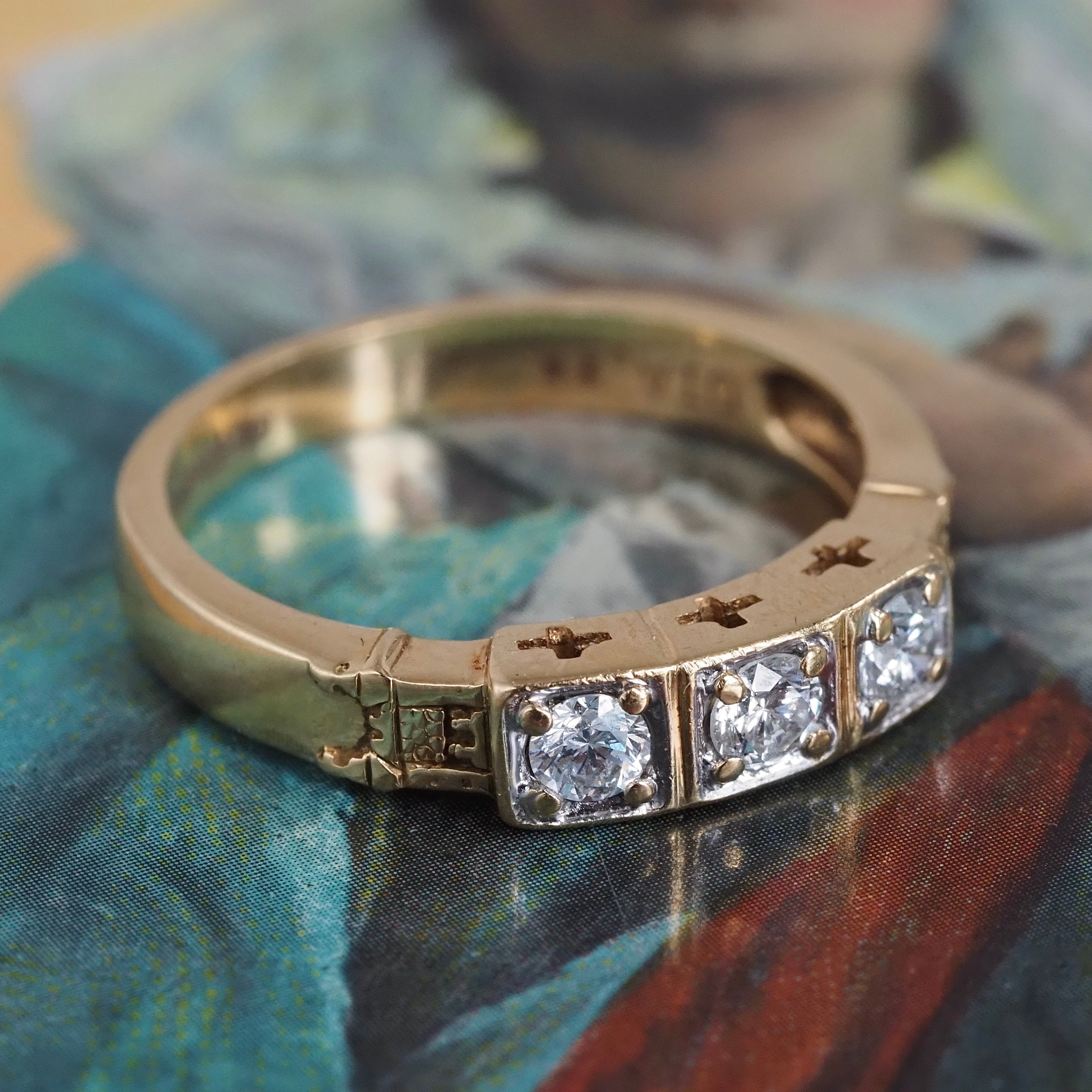 Vintage English Diamond Trilogy 18k Gold Castle Ring