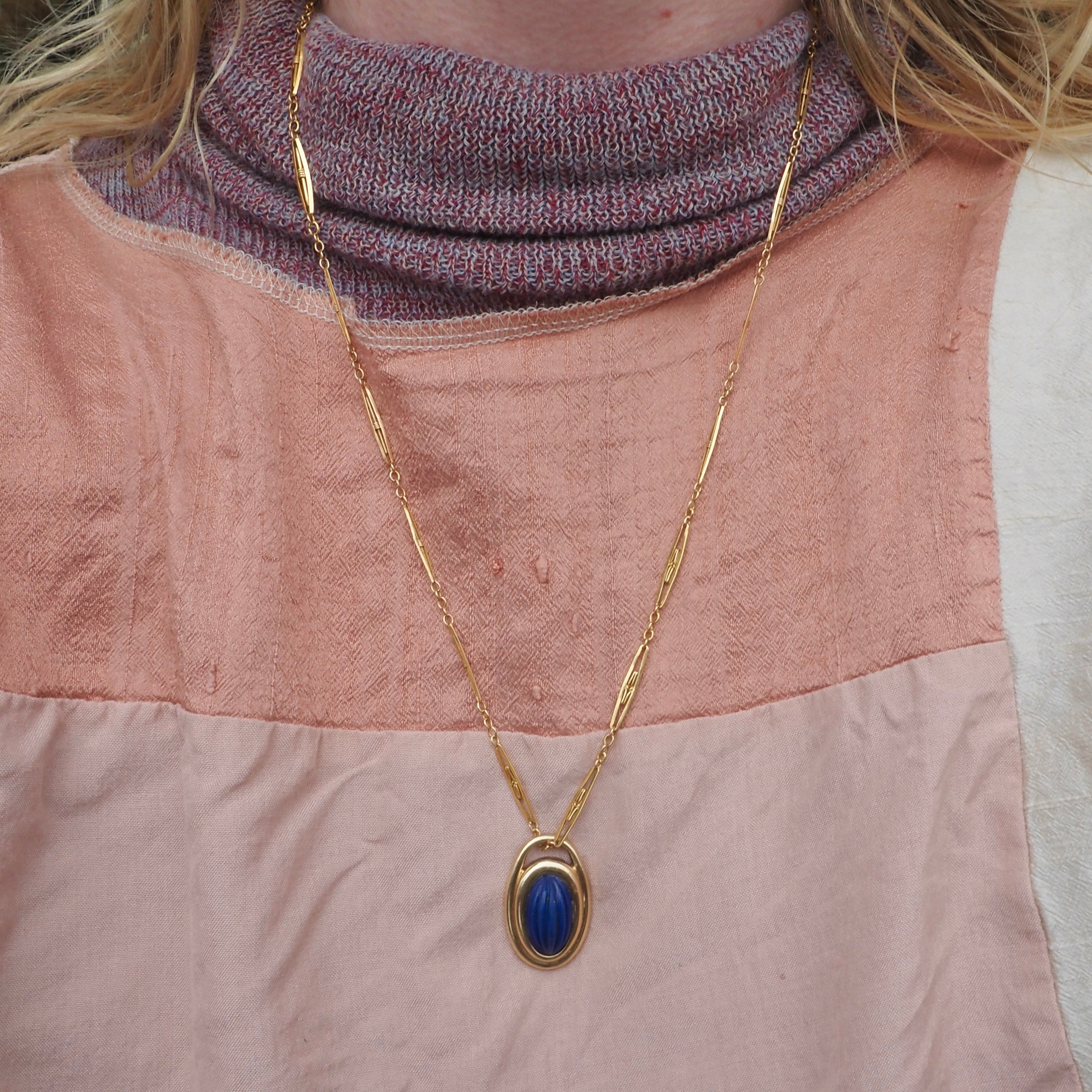 Vintage Carved Lapis Melon 14k Gold Pendant