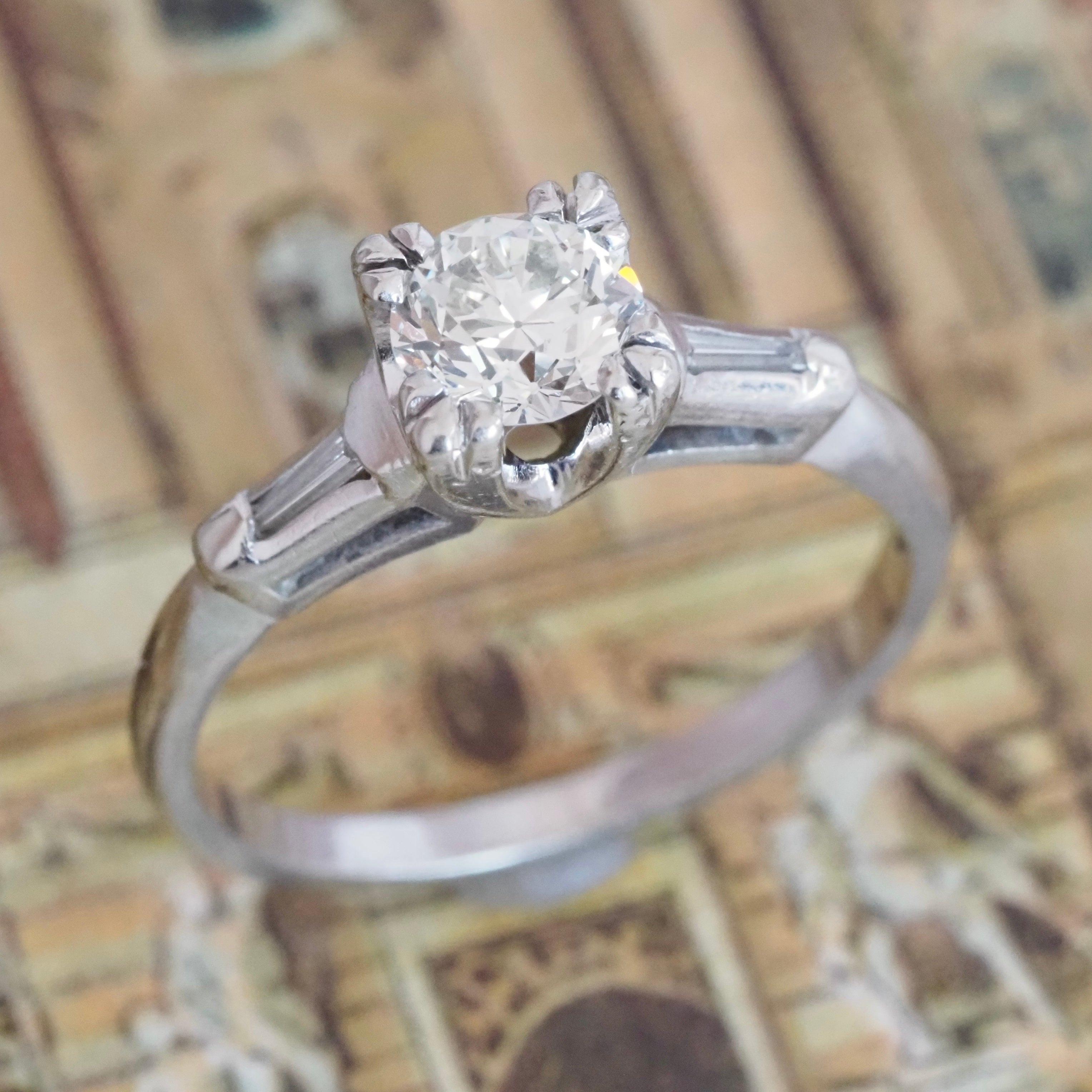 Vintage 14k White Gold Old European Cut Diamond and Tapered Baguette Solitaire