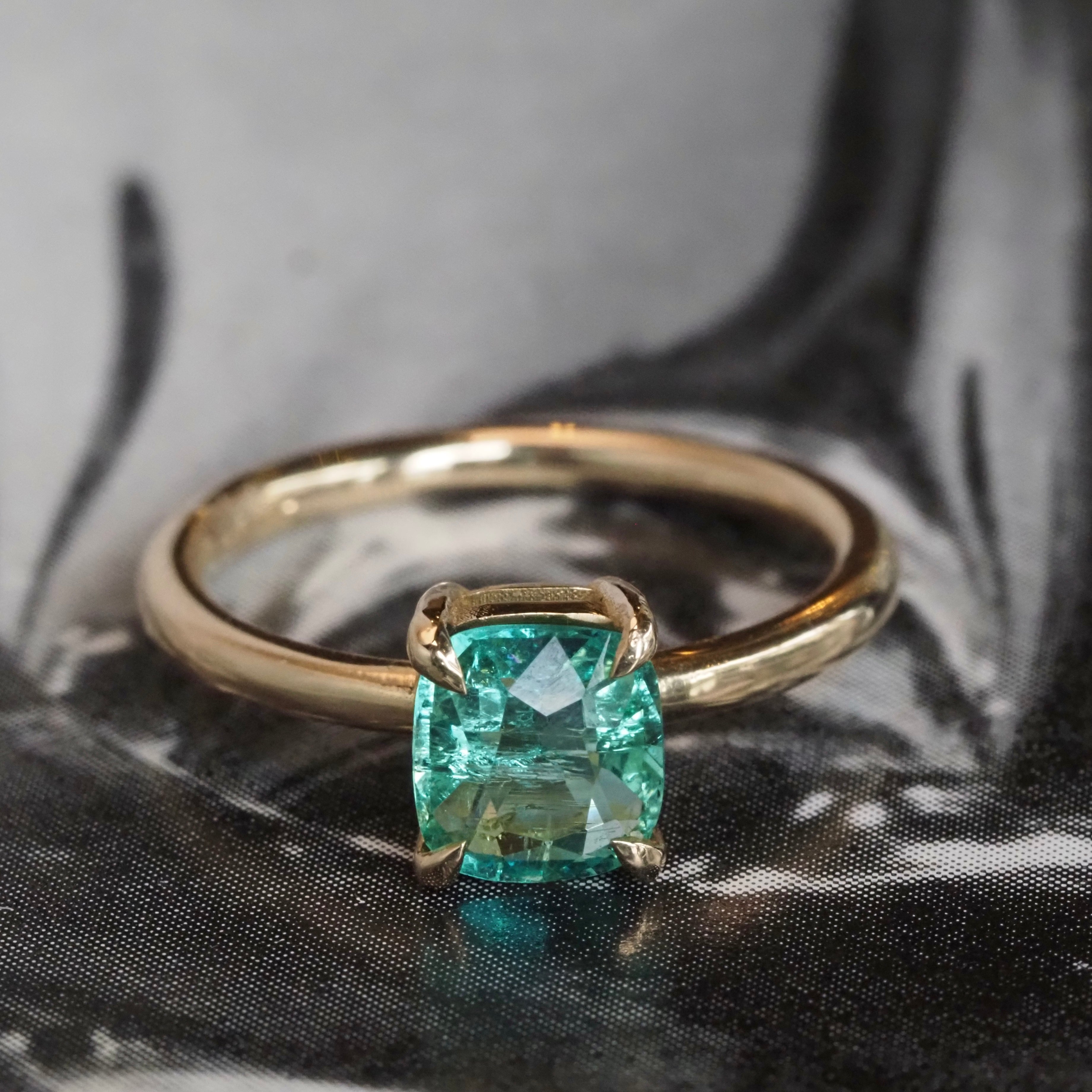 Minty Square Cushion Cut Emerald 14k Gold Solitaire Ring