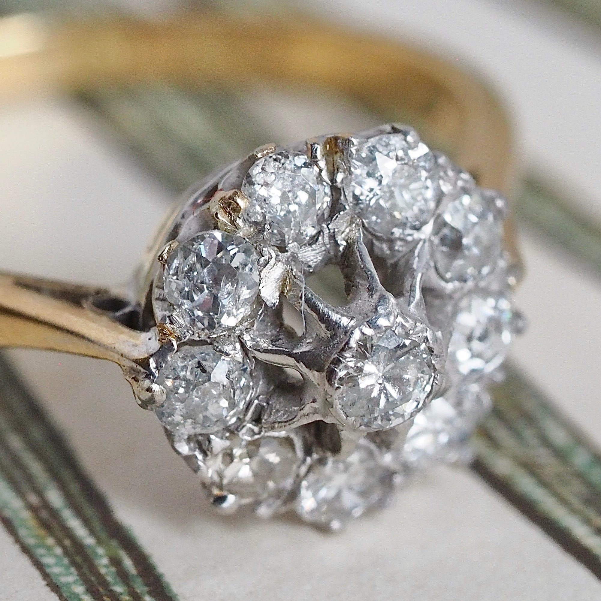 Antique 18k Gold and Platinum Old Mine Cut Diamond Cluster Ring