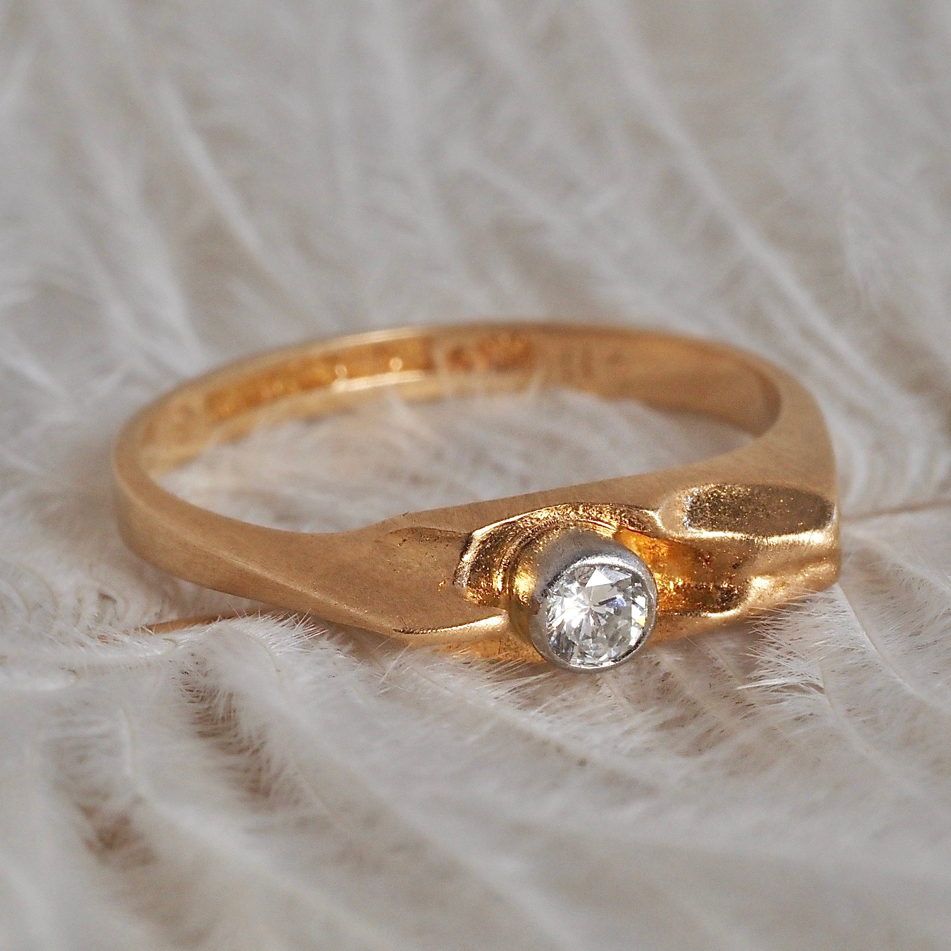 Vintage Finnish 18k Gold Bezel Set Diamond Ring by Björn Weckström for Lapponia