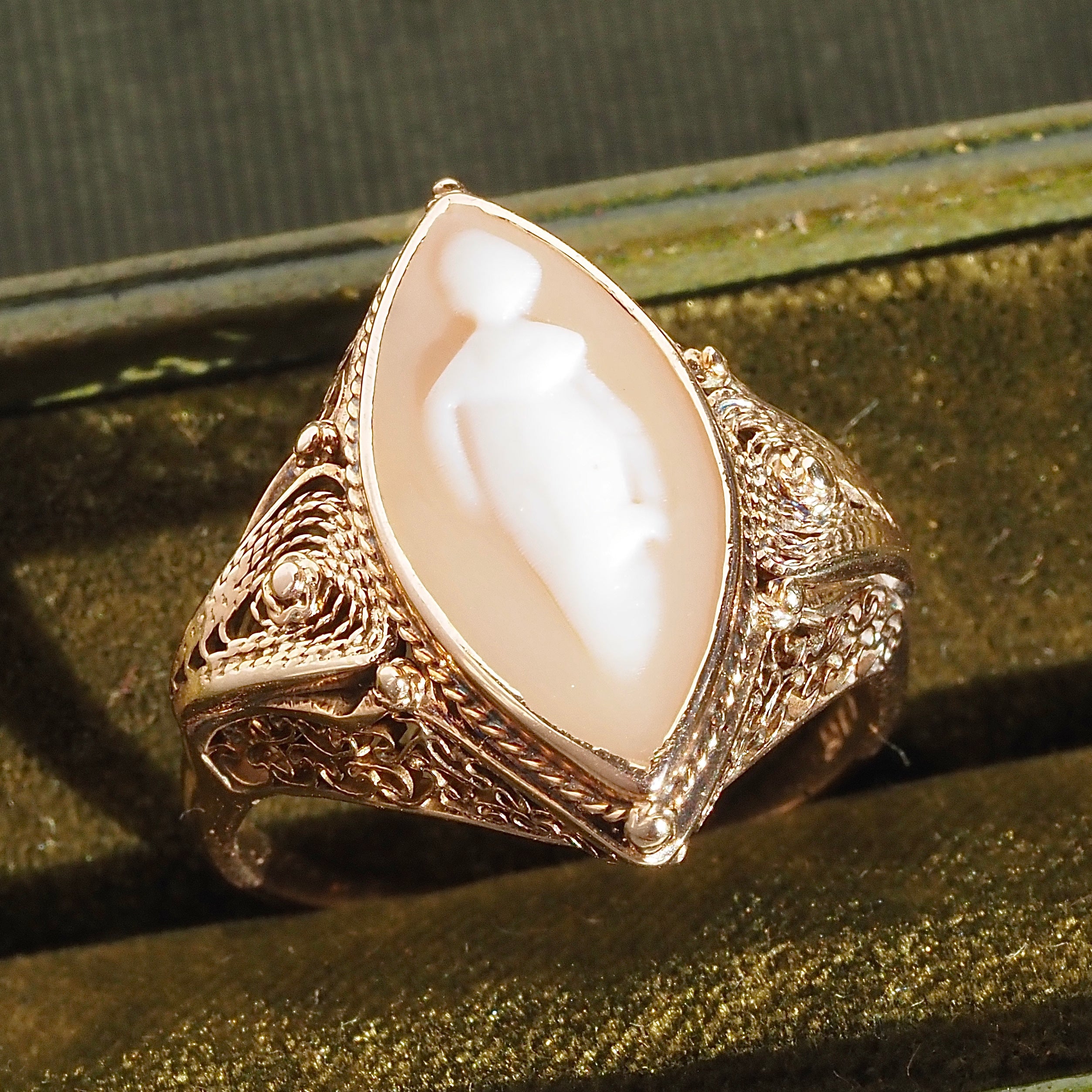 Antique Victorian Coral "Woman of the Mist" Cameo 10k Ring