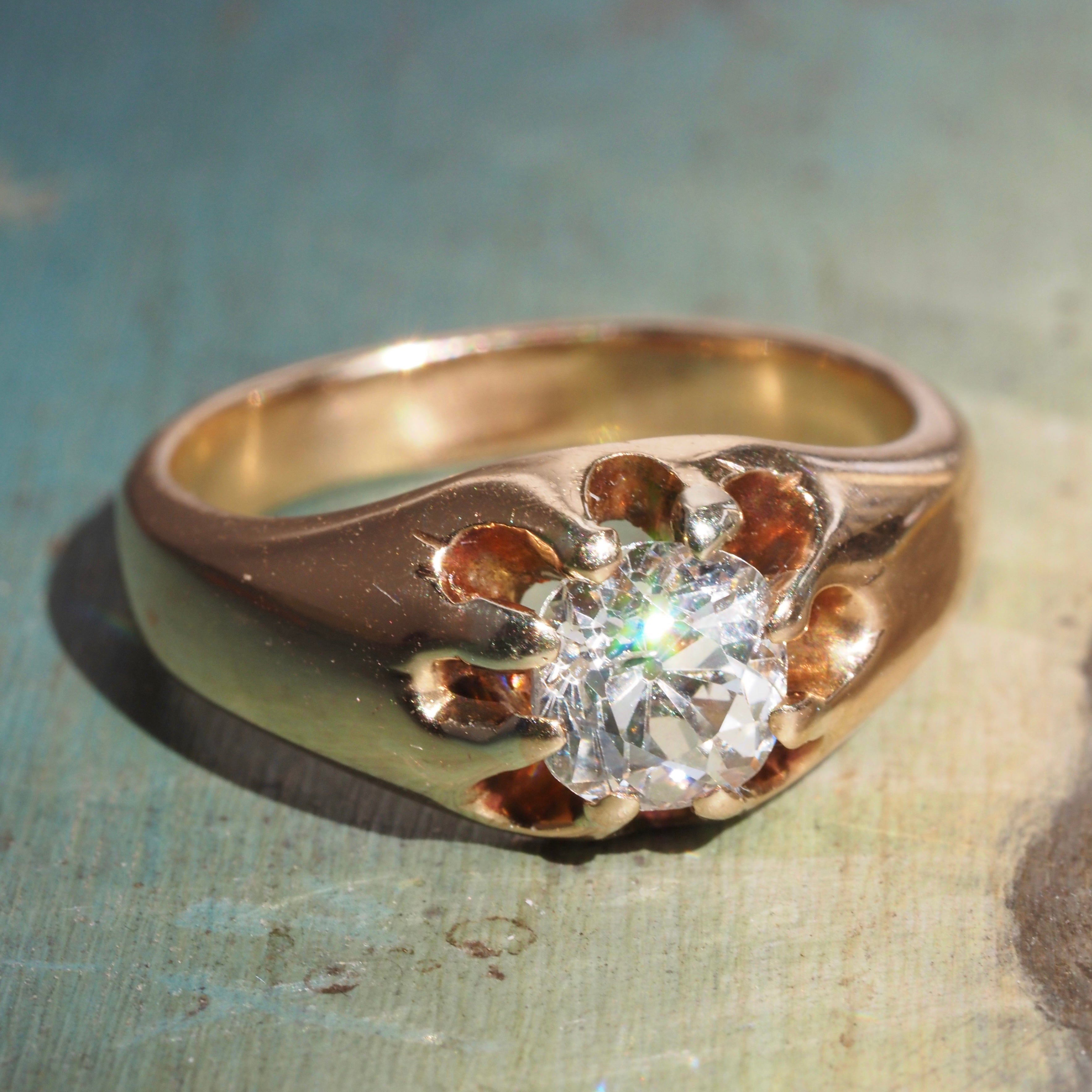 Antique Old Mine Cut Diamond Belcher Set 14k Gold Engagement Ring