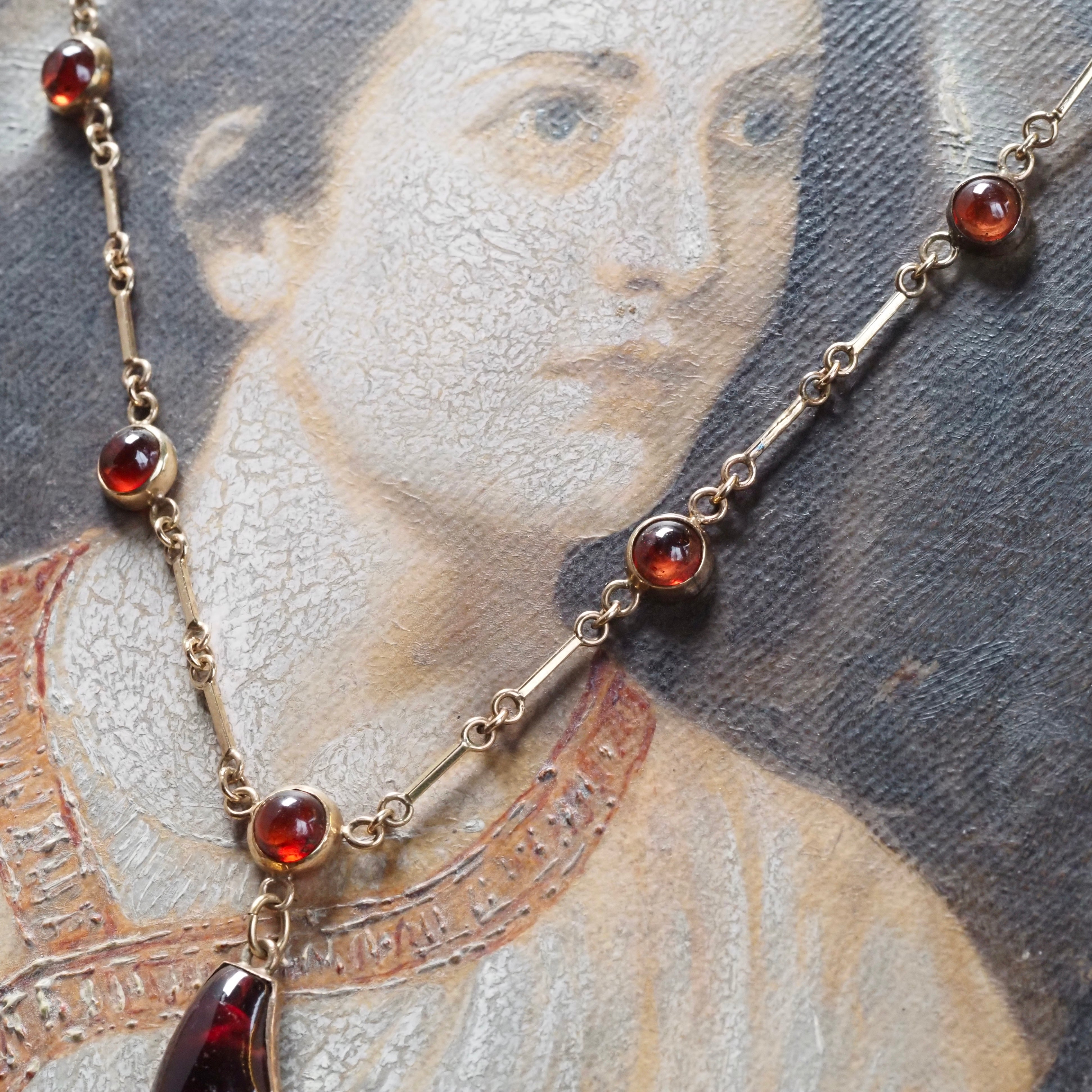 Antique Garnet Snake with Rose Cut Diamond Eyes 14k Gold Necklace