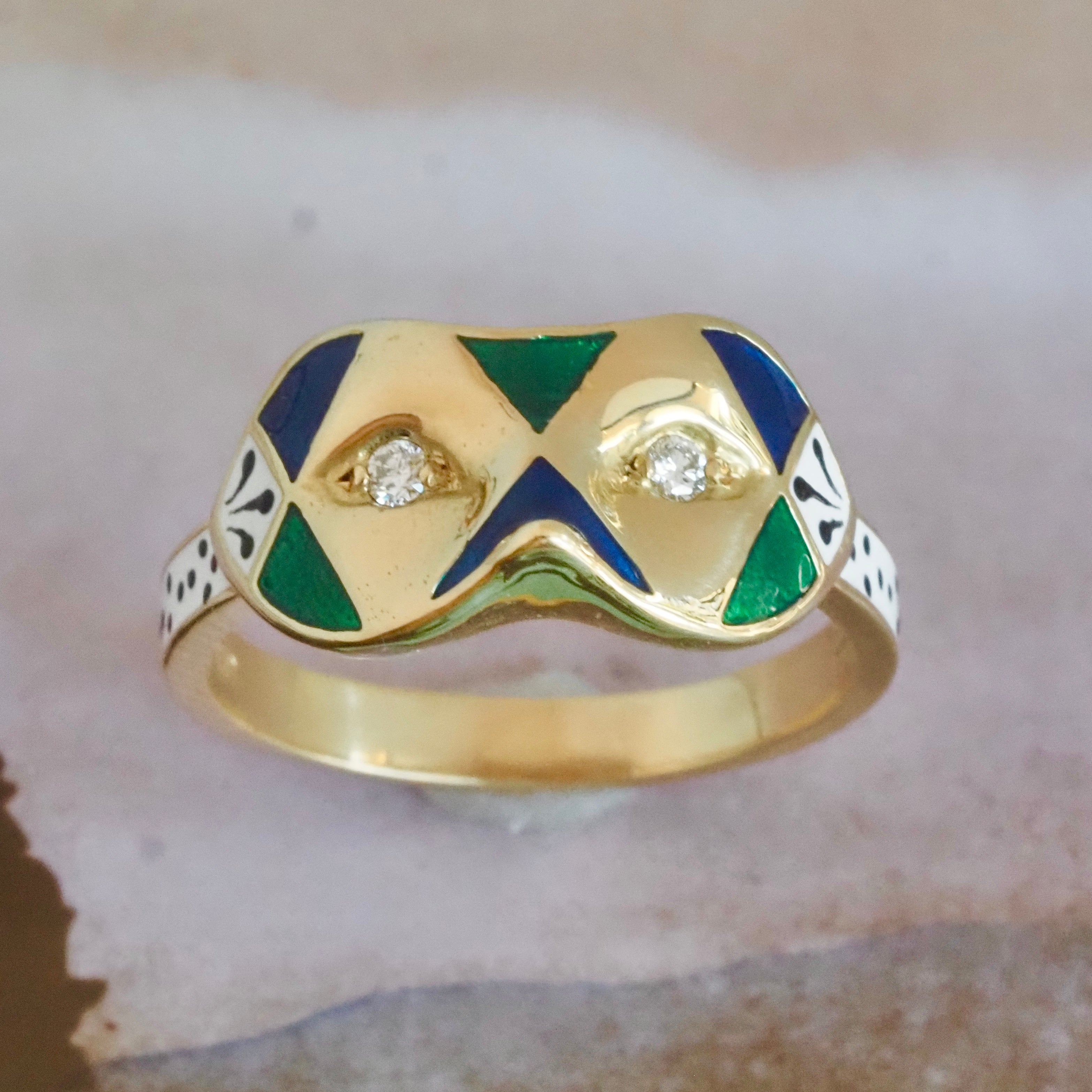 English Painted Mask Diamond and Enamel 18k Gold Ring
