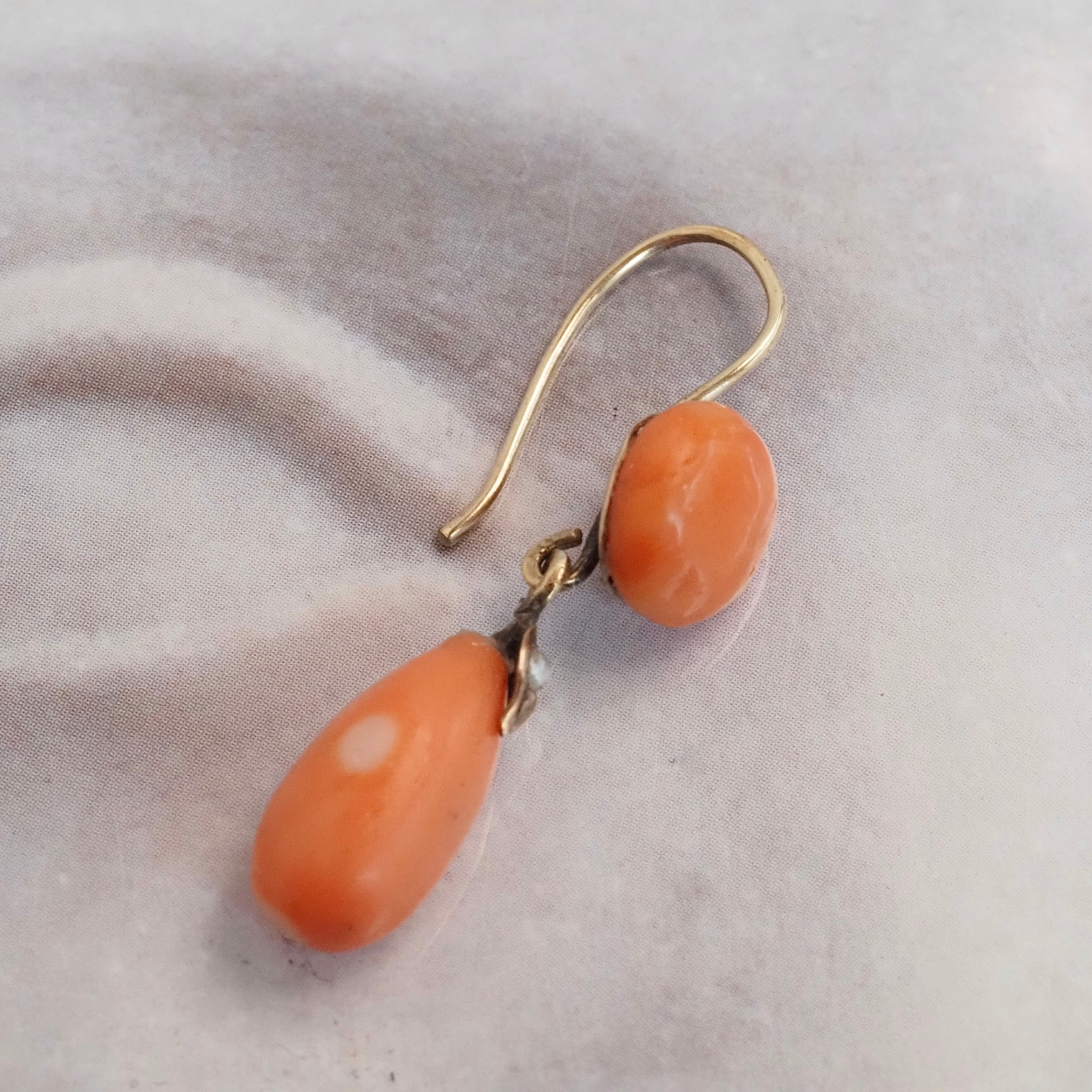 Antique Victorian Coral Pearl 10k Gold Drop Earrings