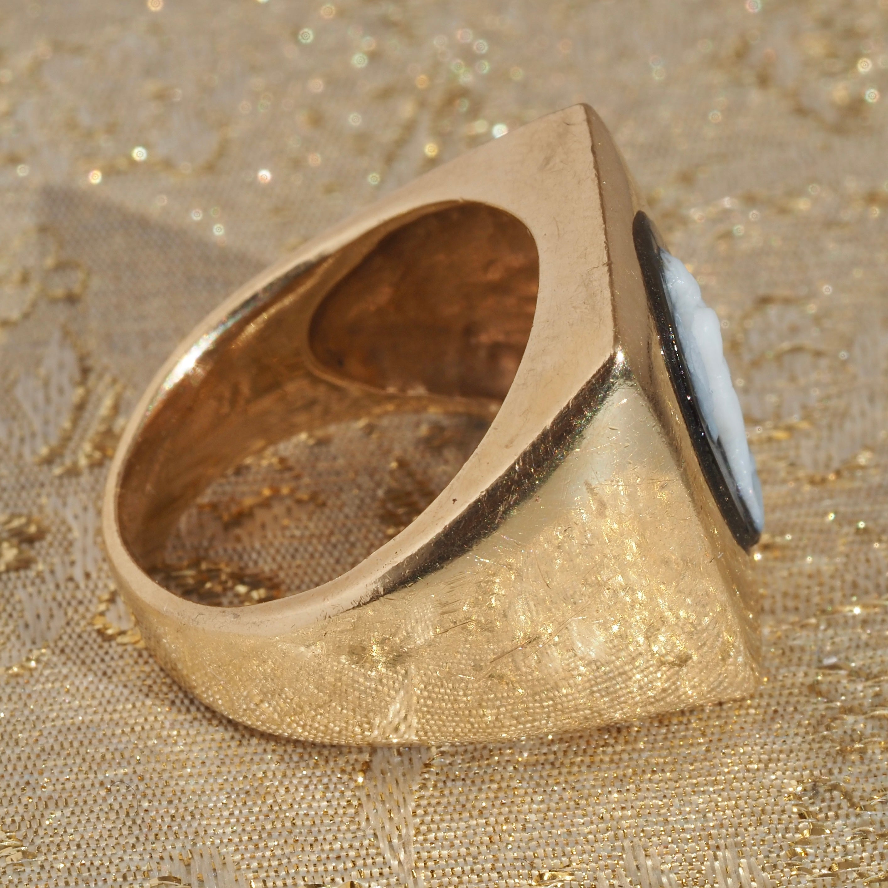 Antique Banded Agate Cherub Cameo Mounted in a Vintage 14k Gold Signet Ring