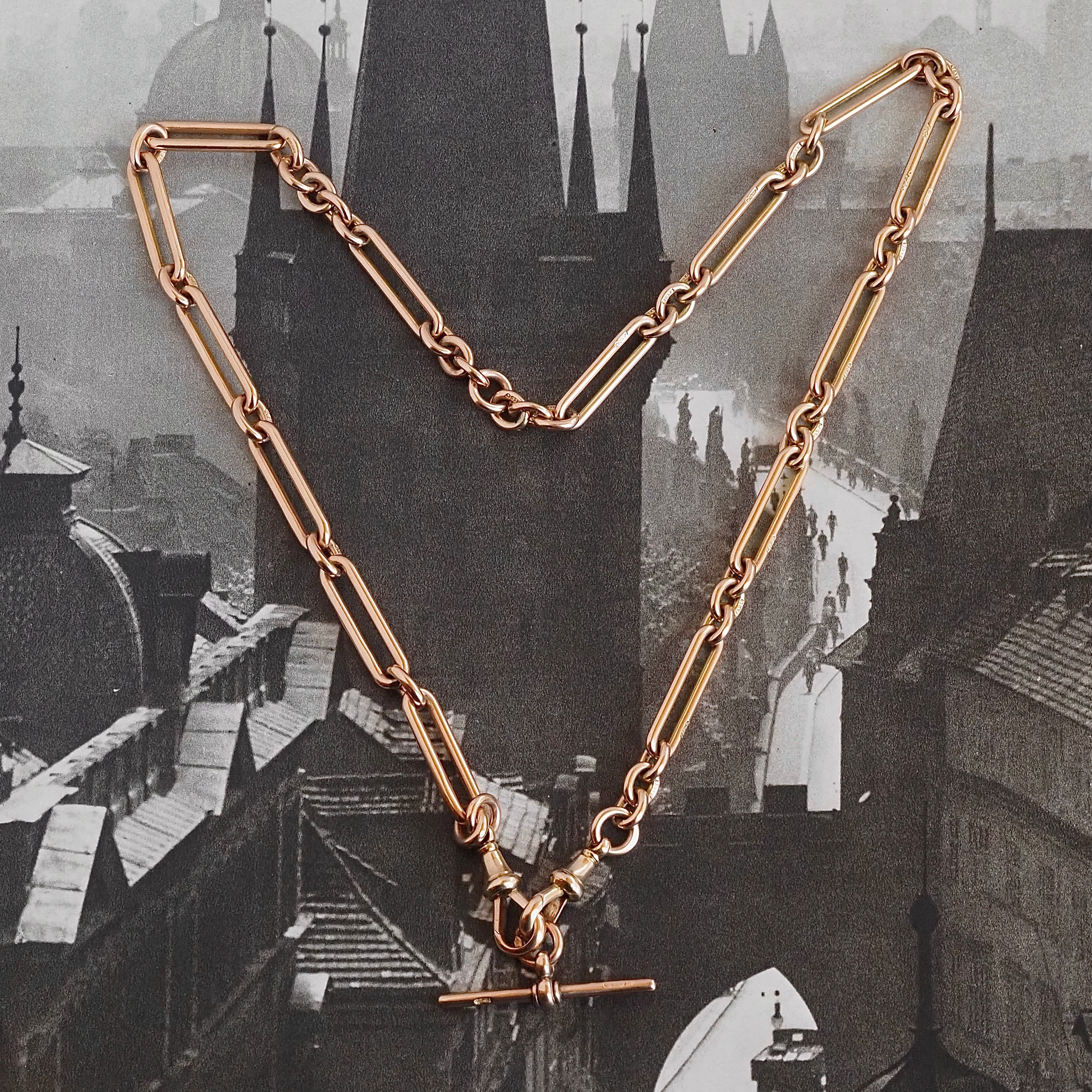 Antique c. 1901 English 9k Gold Trombone Link Albert Watch Chain Necklace with T-Bar and Dog Clips