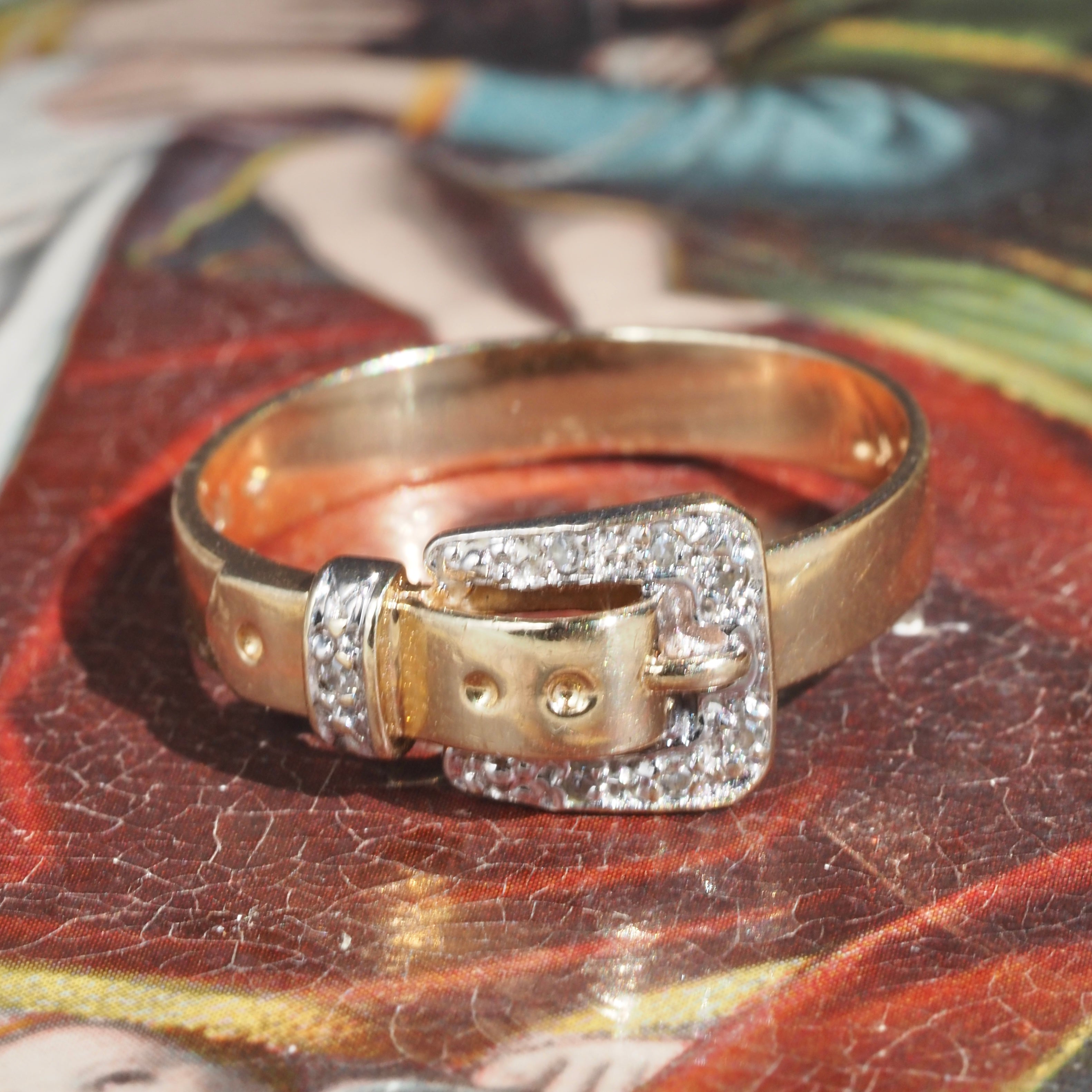 Mid-Century Diamond Belt Buckle 10k Gold Ring