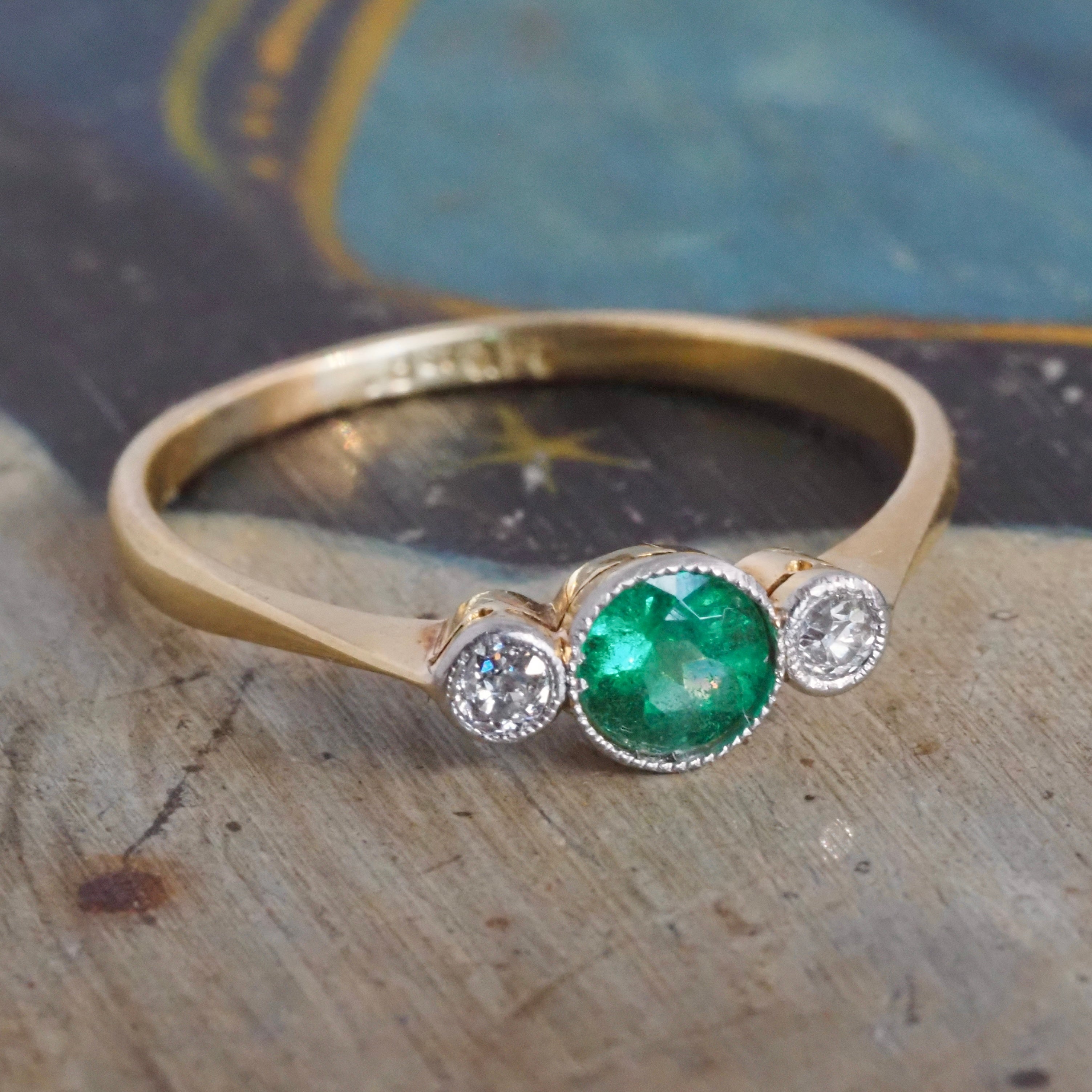 Antique Edwardian Emerald and Old Mine Cut Diamond Trilogy Platinum and 18k Gold Ring