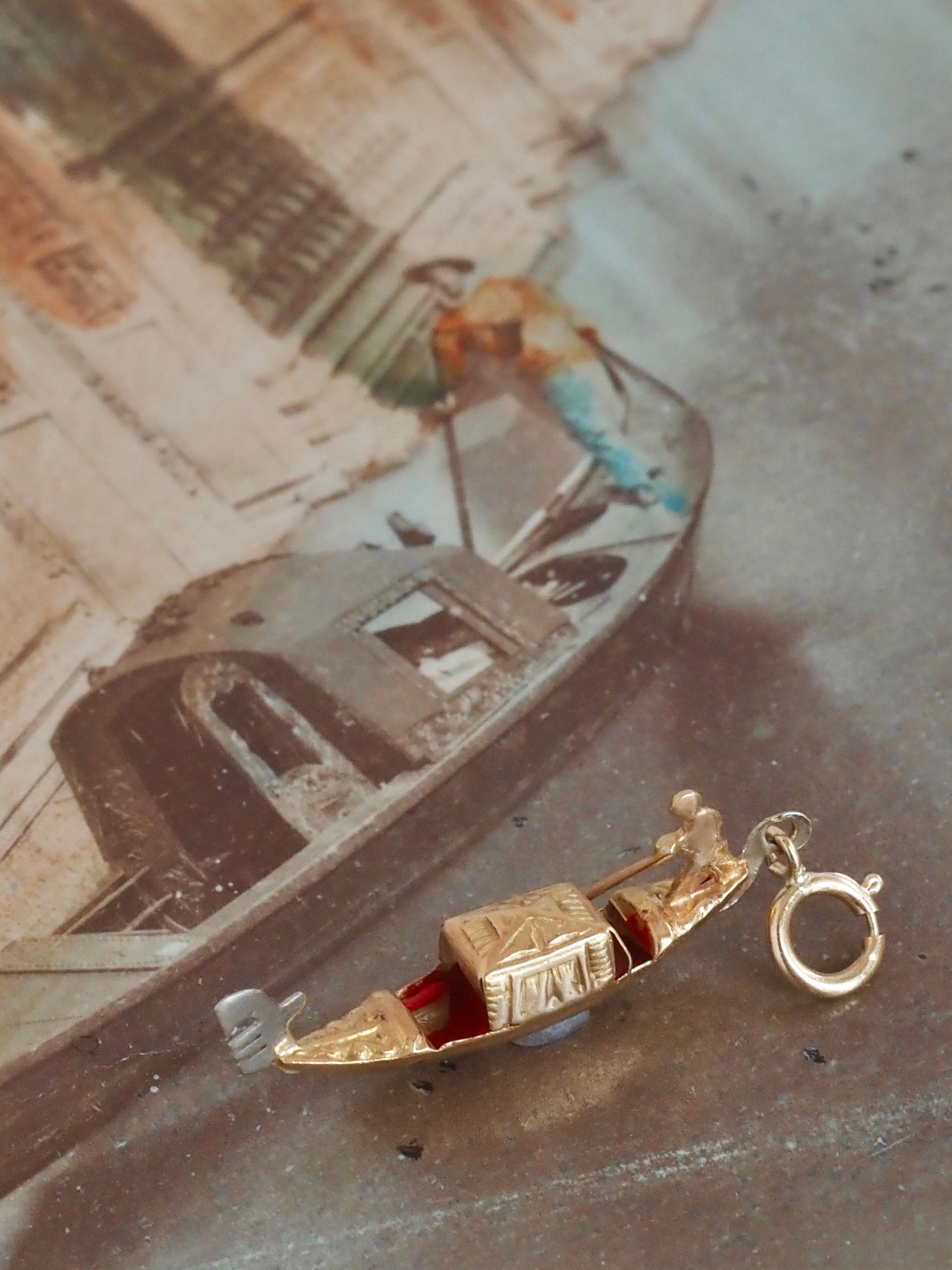 Vintage Italian 18k Gold & Enamel Gondola Charm