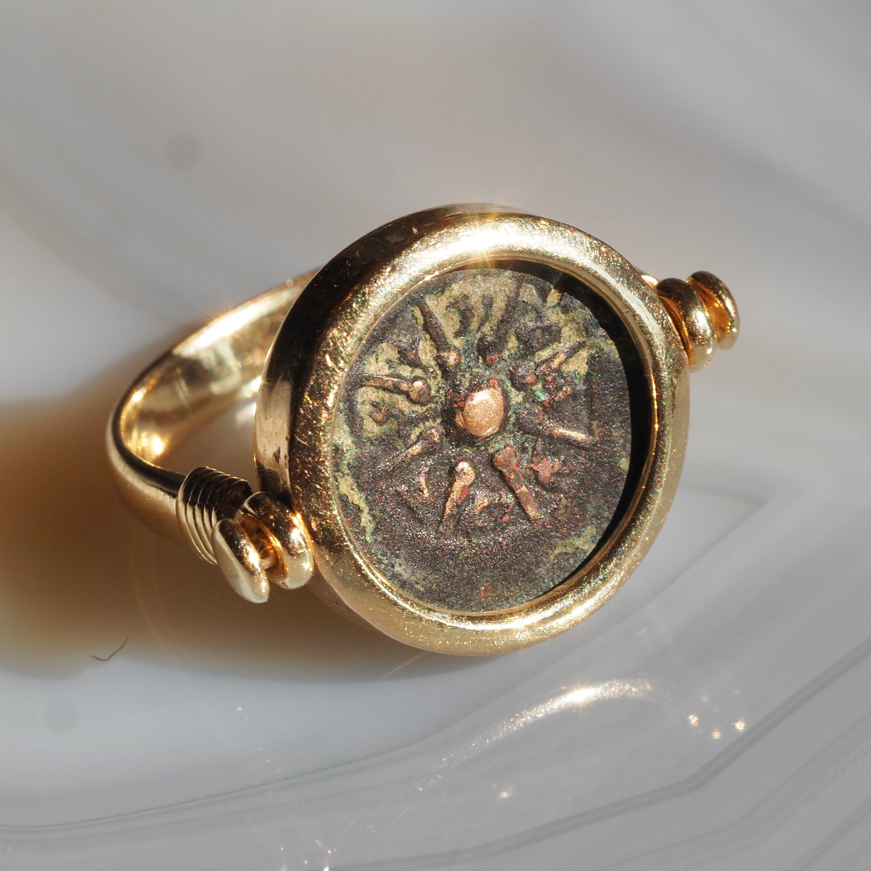 Ancient Roman Widow's Mite Coin Set in Vintage 14k Gold Flip Ring