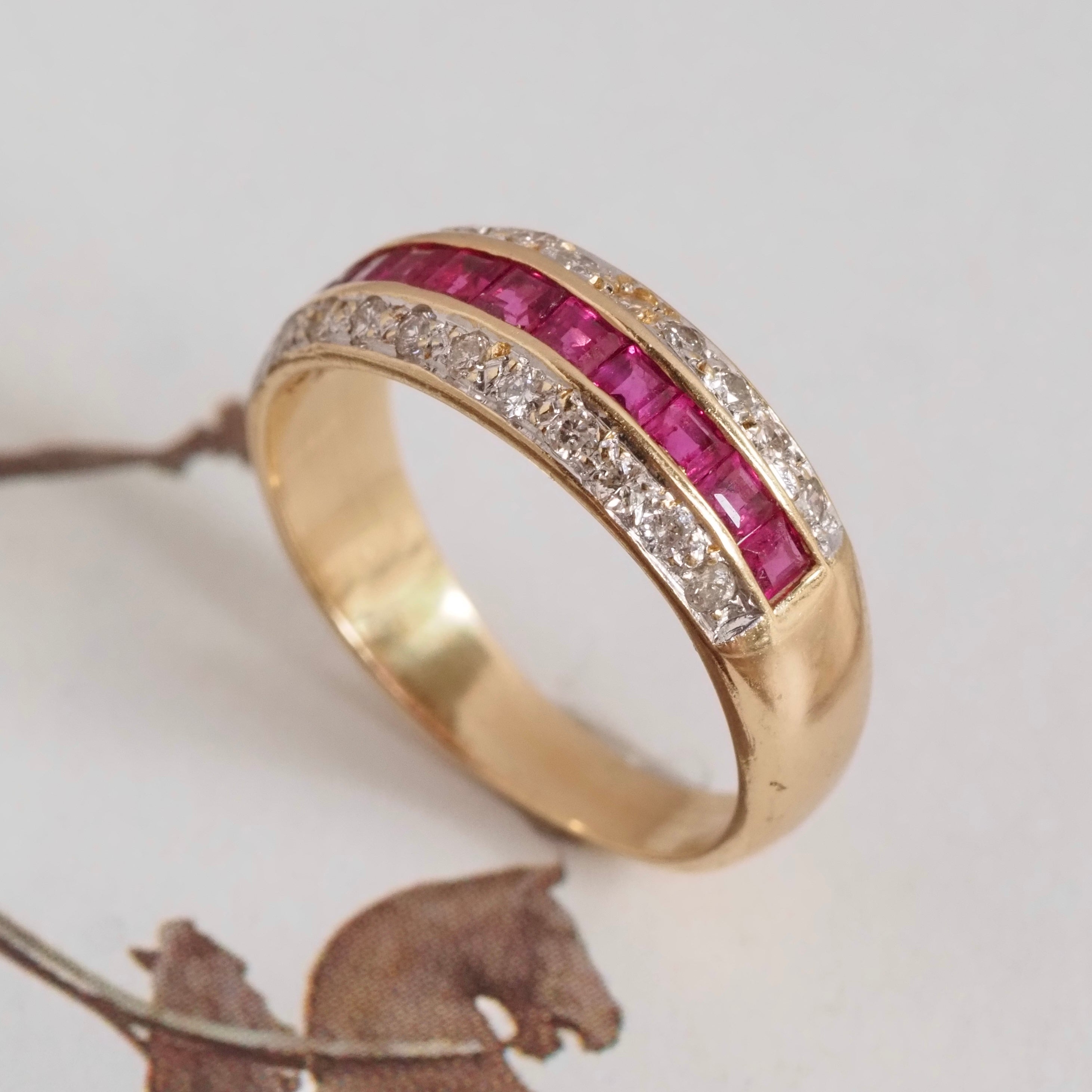 Vintage Channel Set Natural Princess Cut Ruby and Diamond 14k Gold Ring