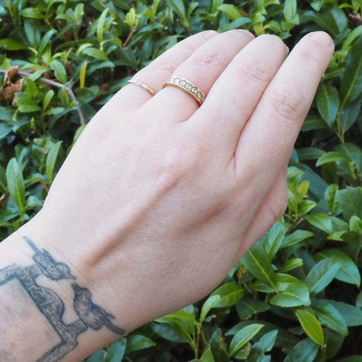 Rose Cut Diamond 18k Gold Hammered Half Eternity Band