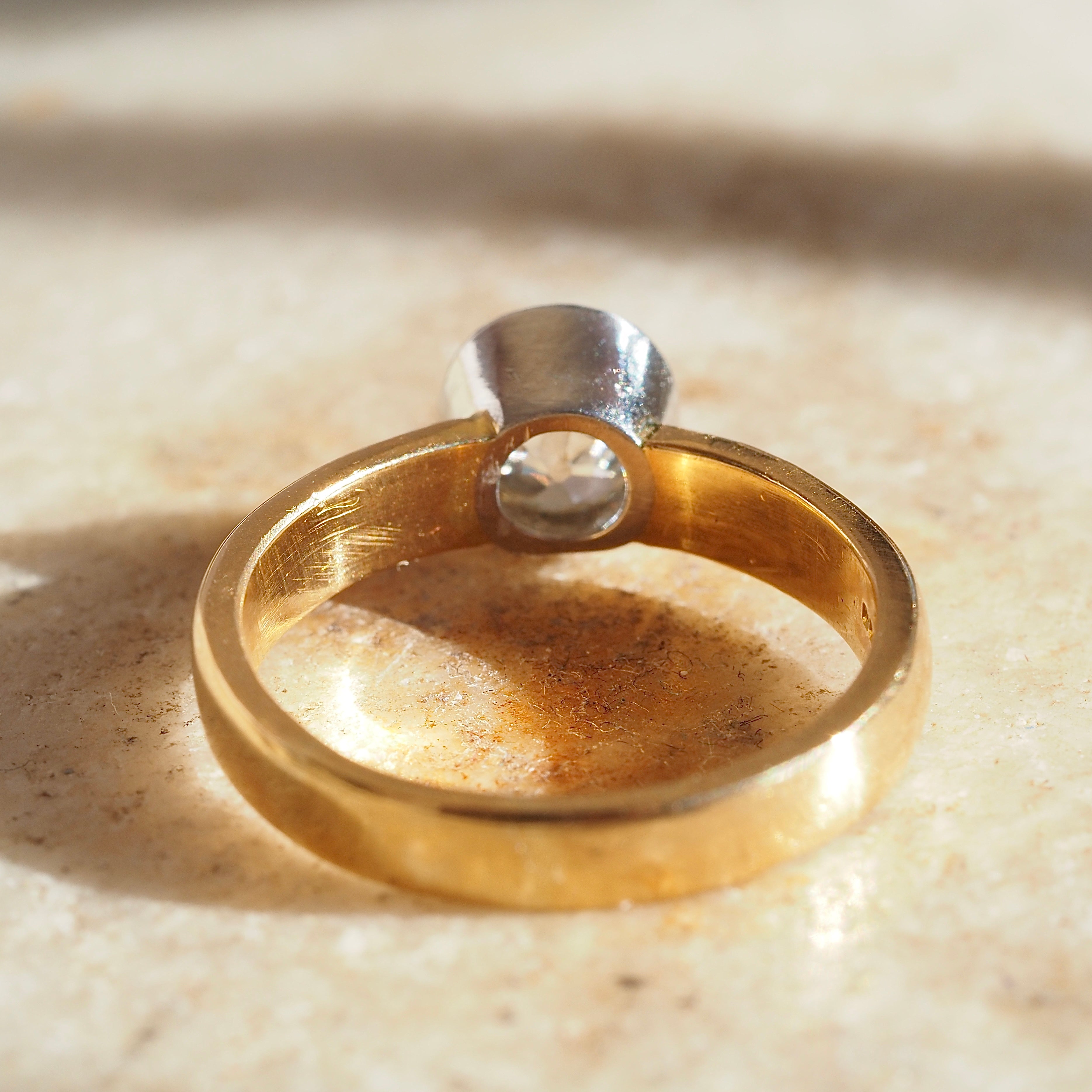 Vintage English 22k Gold Platinum Bezel Set 1.10ct Old Mine Cut Diamond Engagement Ring