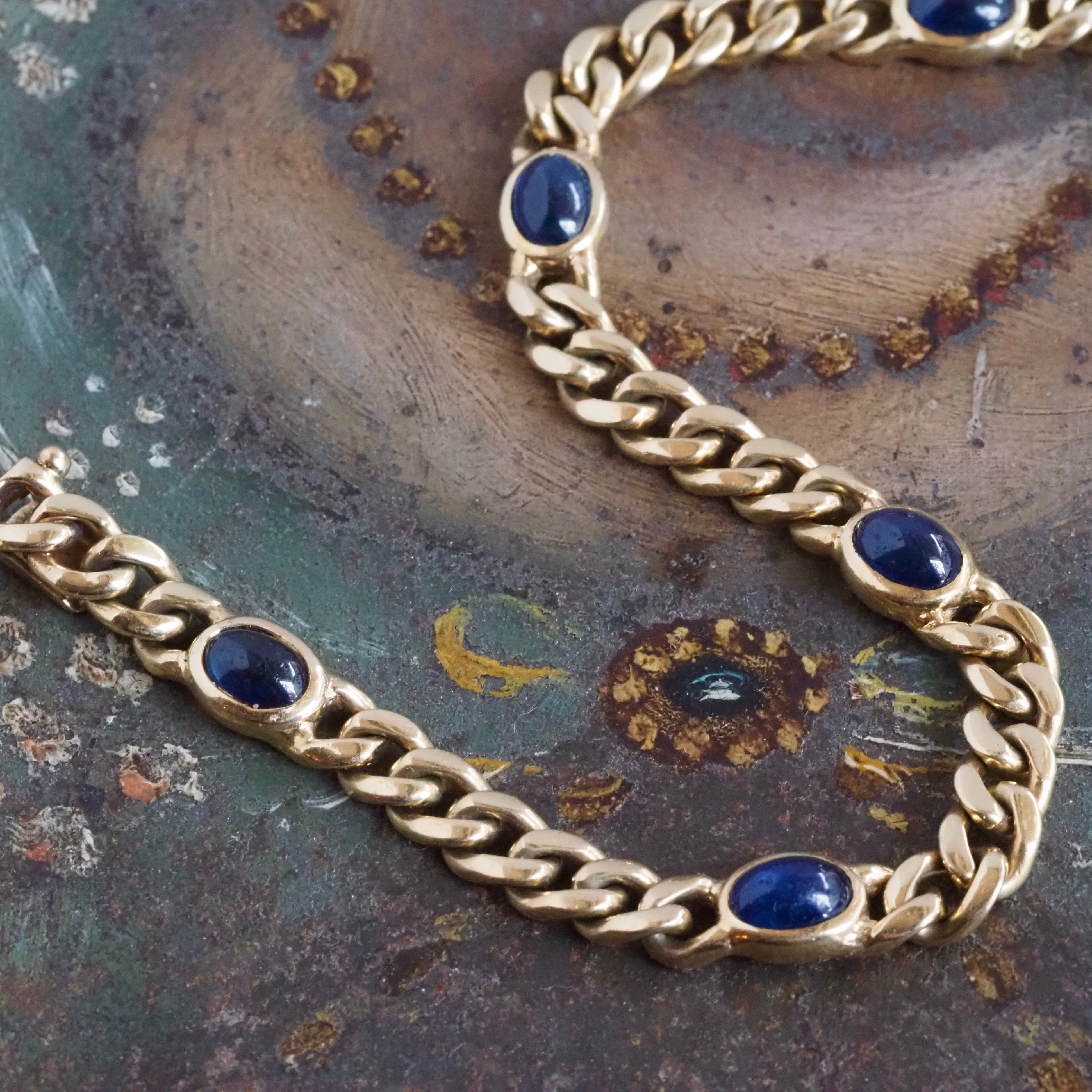 Vintage Italian Natural Blue Sapphire Cabochon 14k Gold Curb Link Station Bracelet