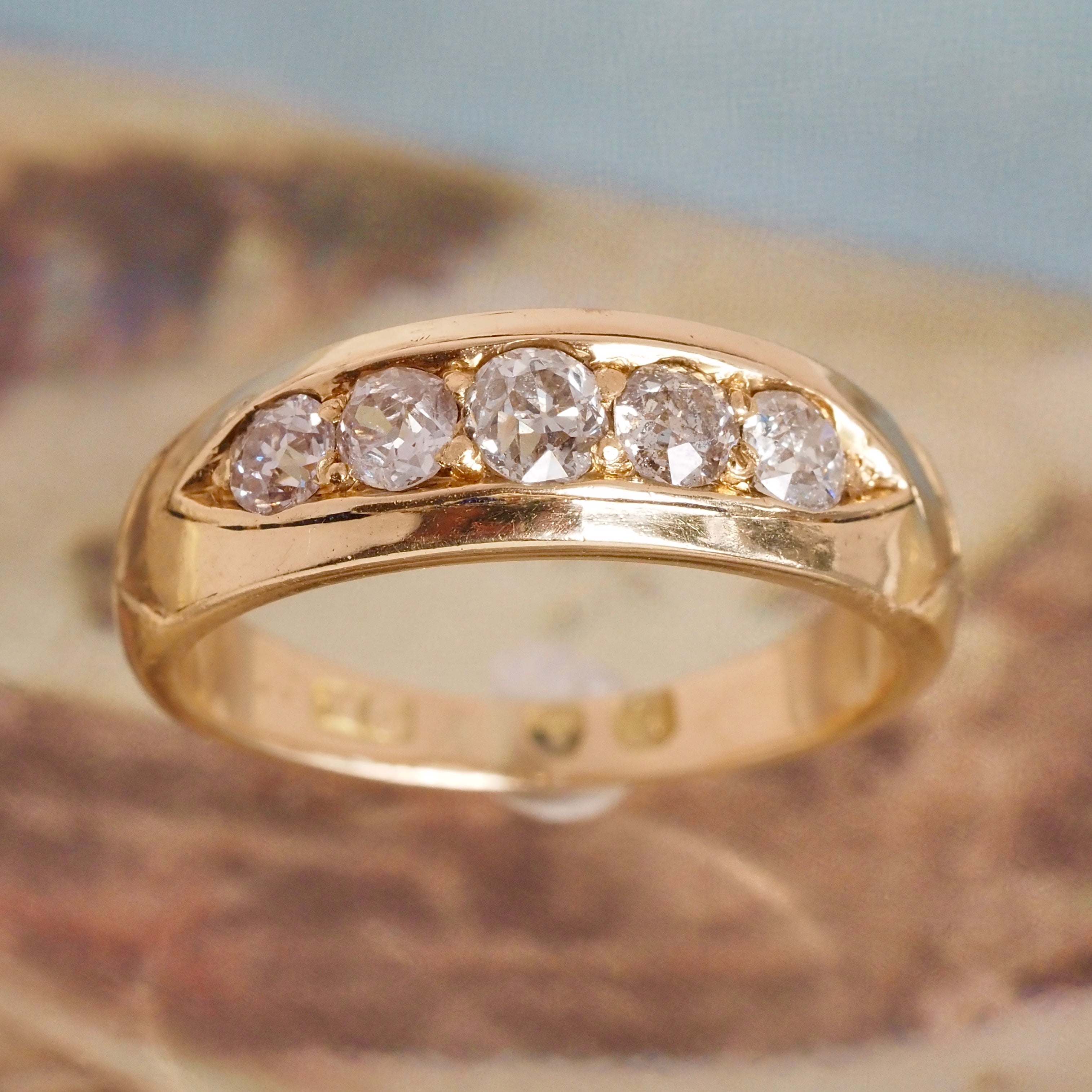 Midcentury c. 1951 English 18k Gold Old Mine Cut Diamond Five Stone Boat Engagement Ring