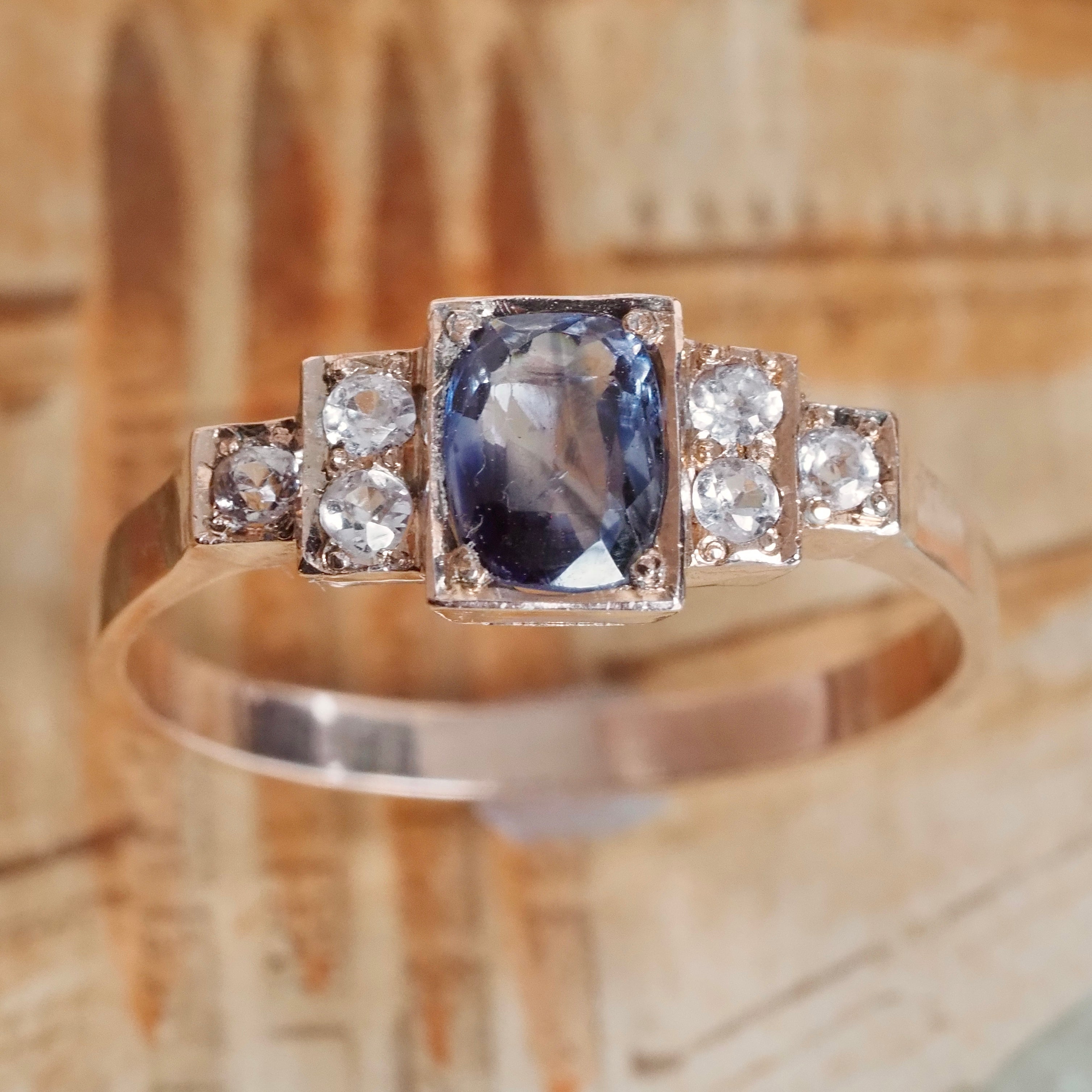 Late Deco Natural Sapphire and Spinel Step 9k Gold Ring