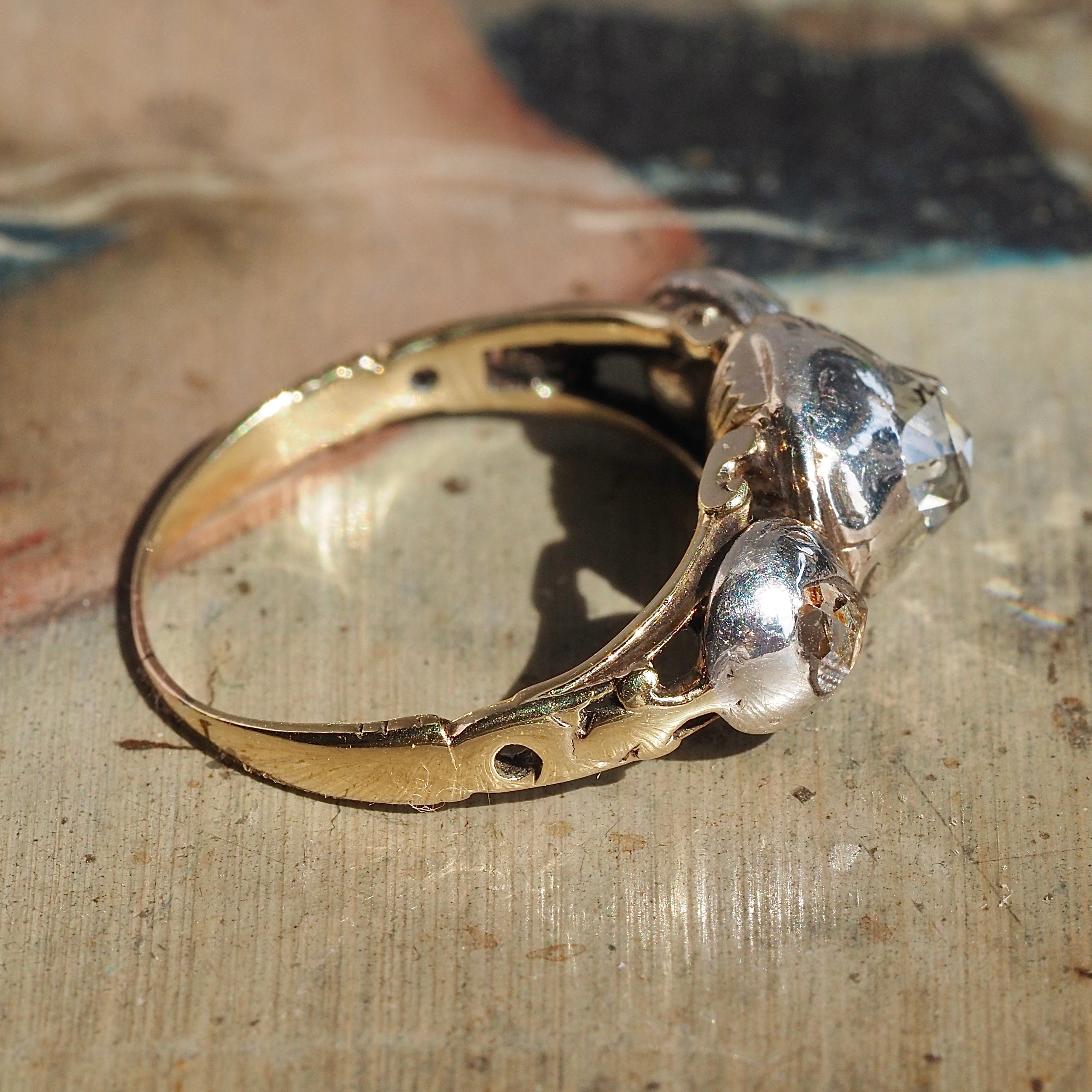 Antique Early 18th Century Georgian Dutch Cut Rose Cut Diamond 18k Gold and Sterling Silver Trilogy Ring