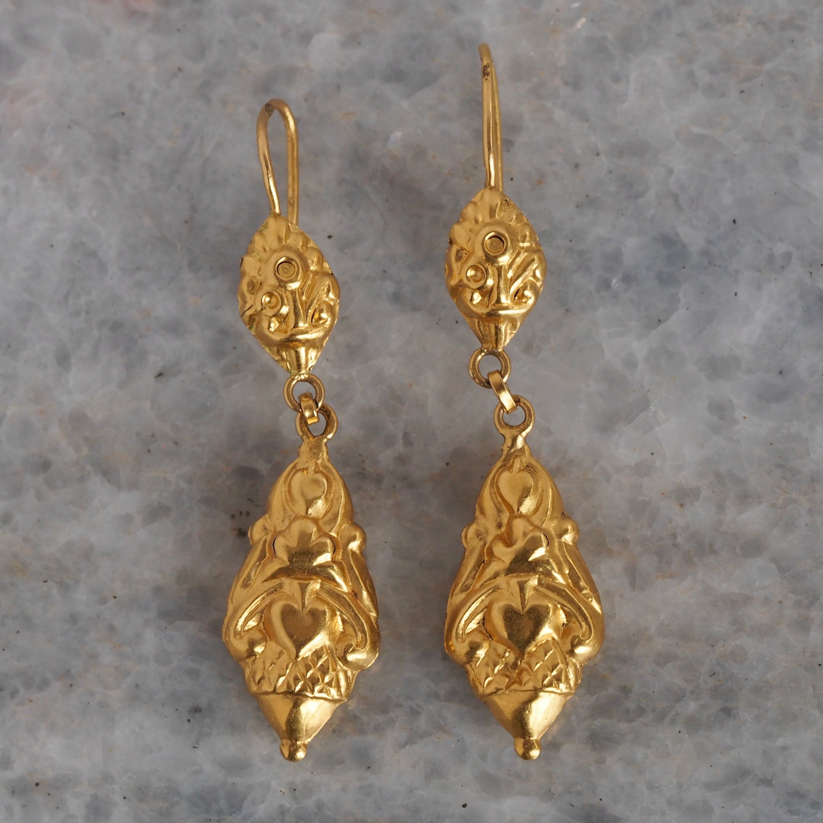 Antique Portuguese 19k Gold Repoussé Drop Earrings