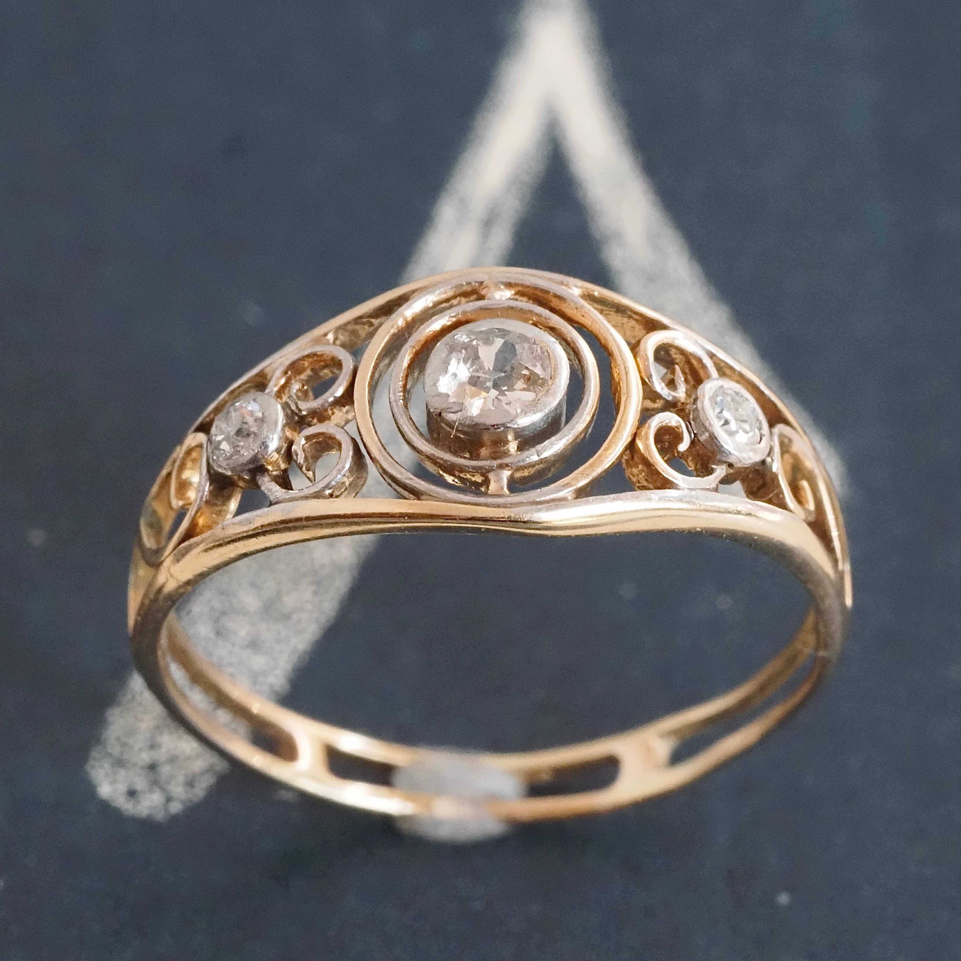 Antique Art Nouveau 14k Gold Diamond Scroll Ring