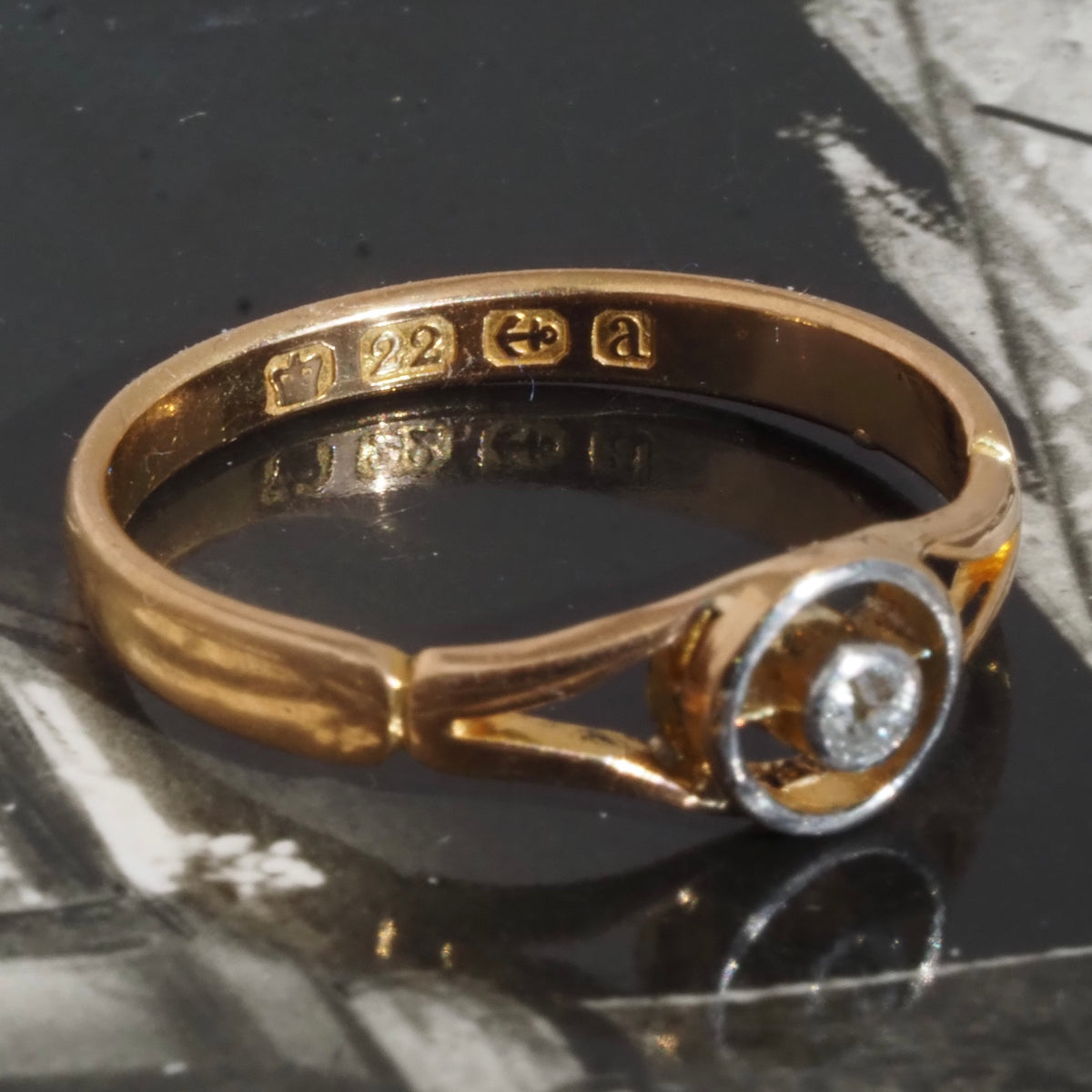 Antique c. 1900 English Bullseye Old Mine Cut Diamond 22k Gold and Platinum Ring