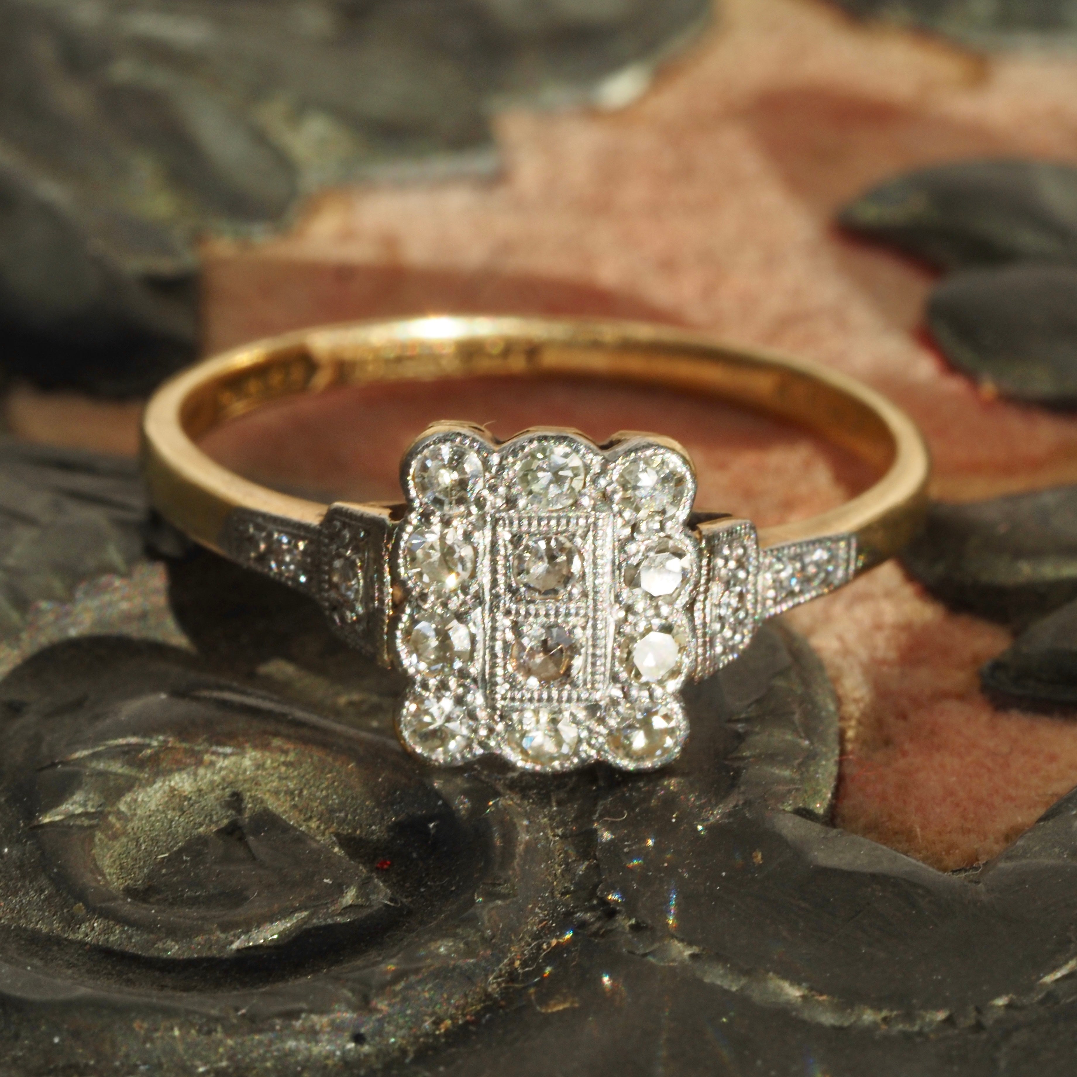 Antique Edwardian English Scalloped Square Diamond 18k Gold and Platinum Engagement Ring