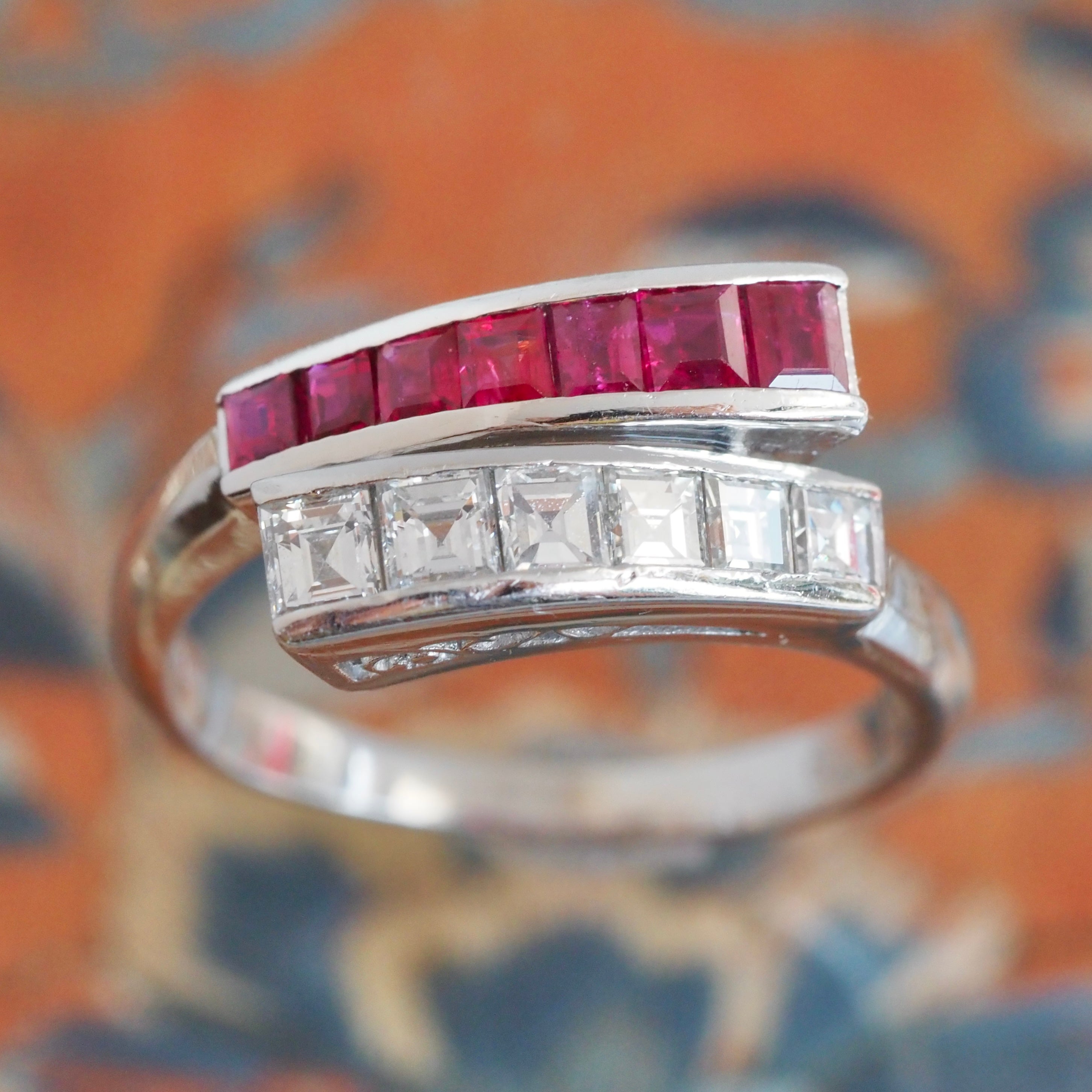 Antique Art Deco Platinum Diamond and Natural Ruby Bypass Ring