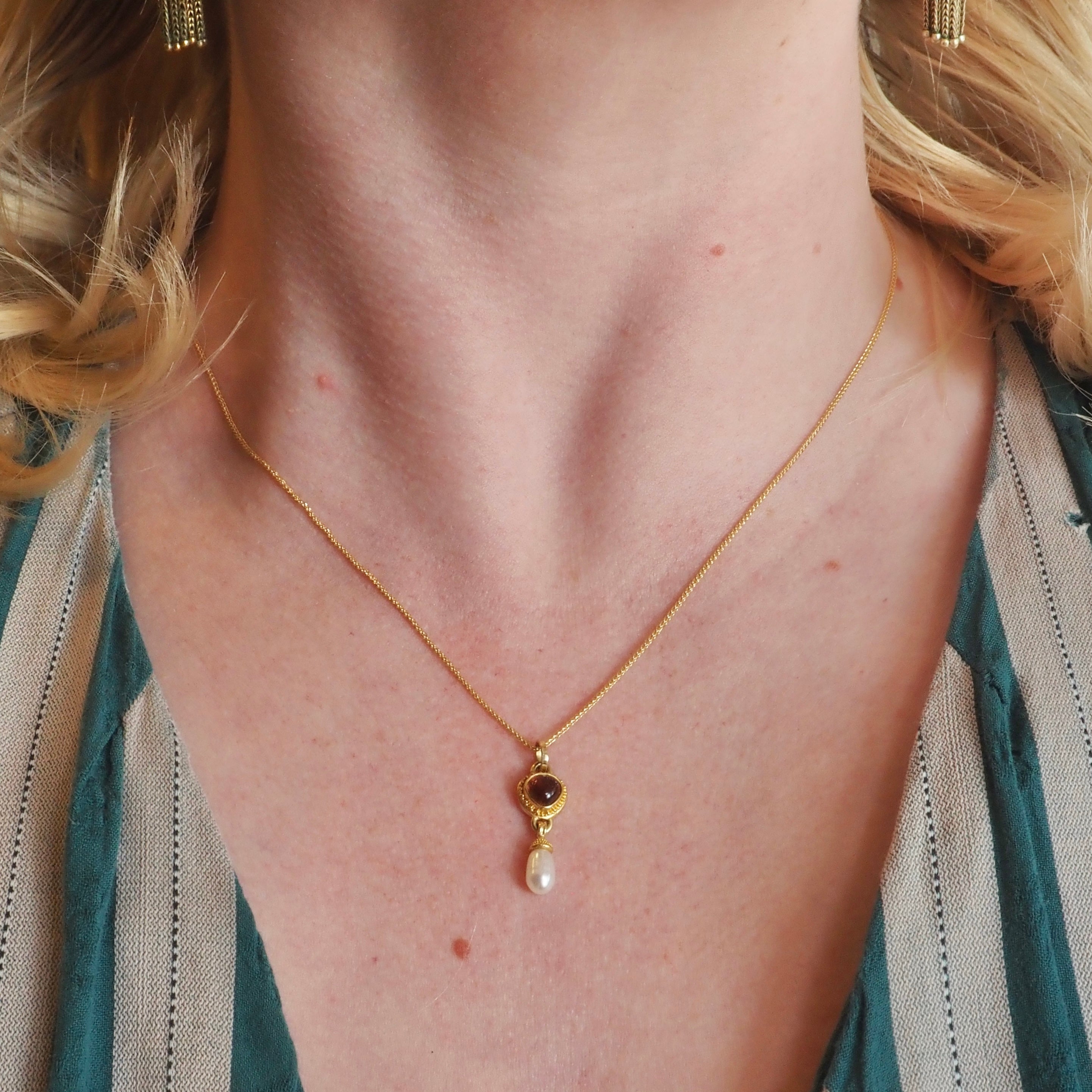 22k Gold Heart Tourmaline and Pearl Pendant