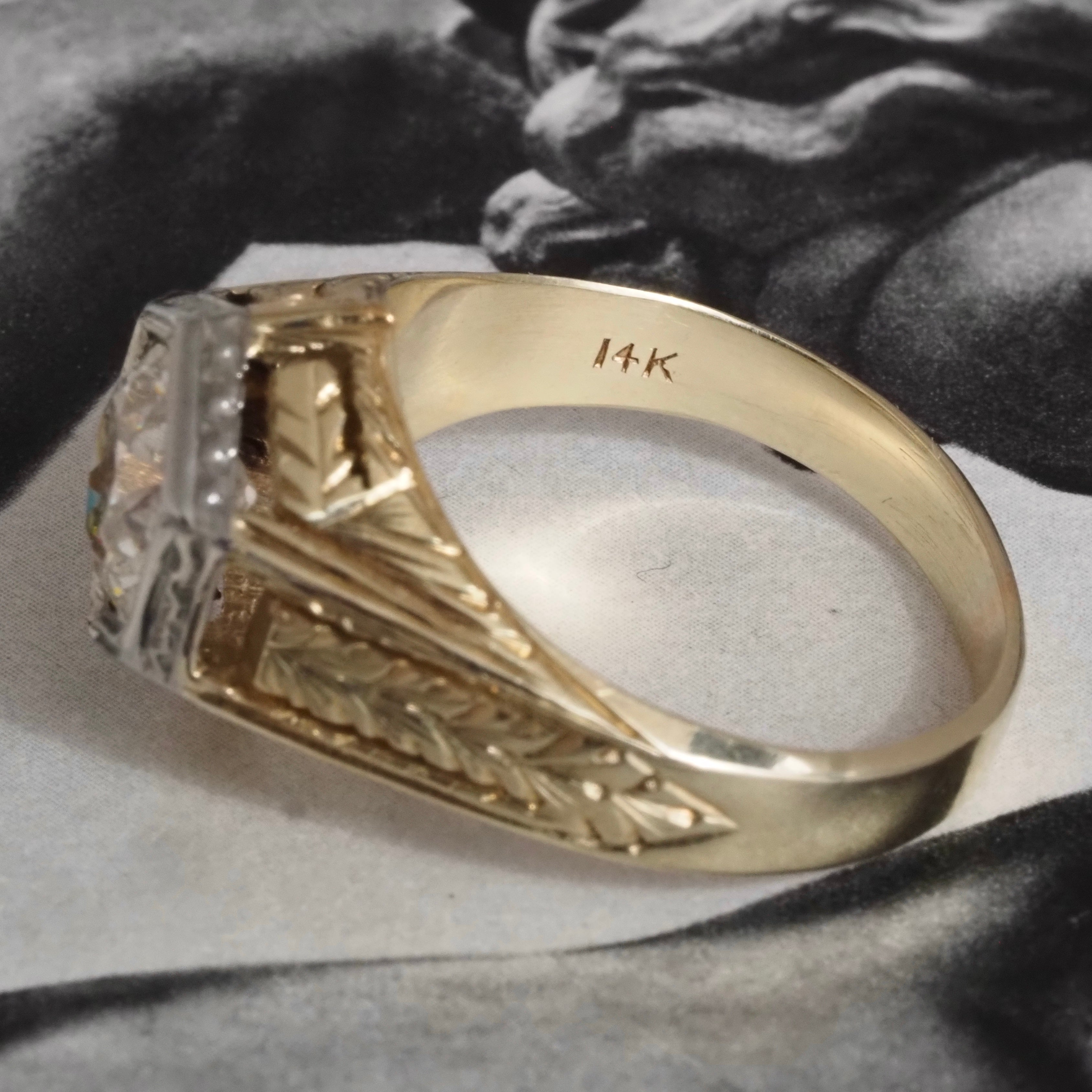 Antique Art Deco 1.22ct Old European Cut Diamond Hexagonal 14k Gold Engagement Ring