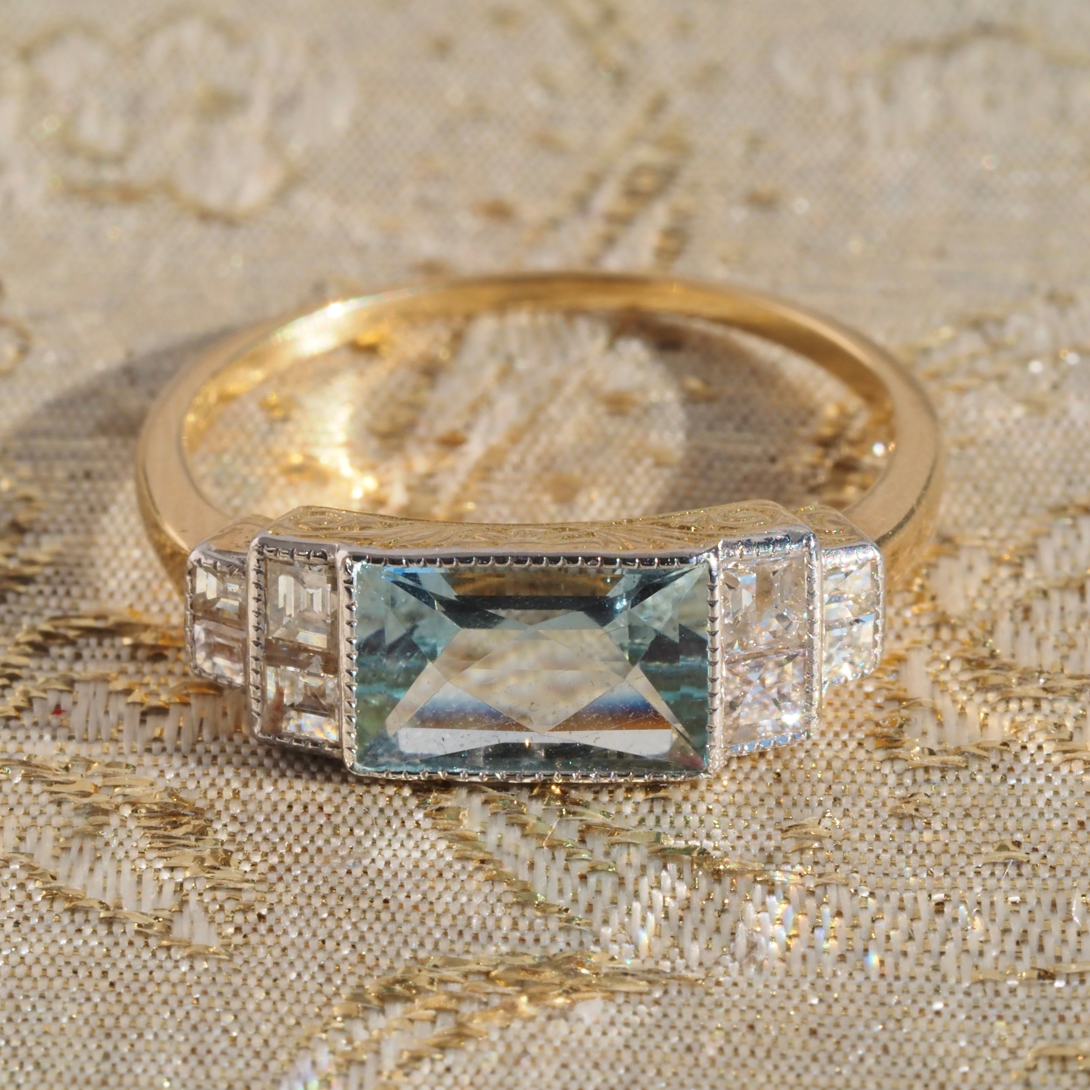 Antique Art Deco English Aquamarine Diamond 18k Gold and Platinum Ring