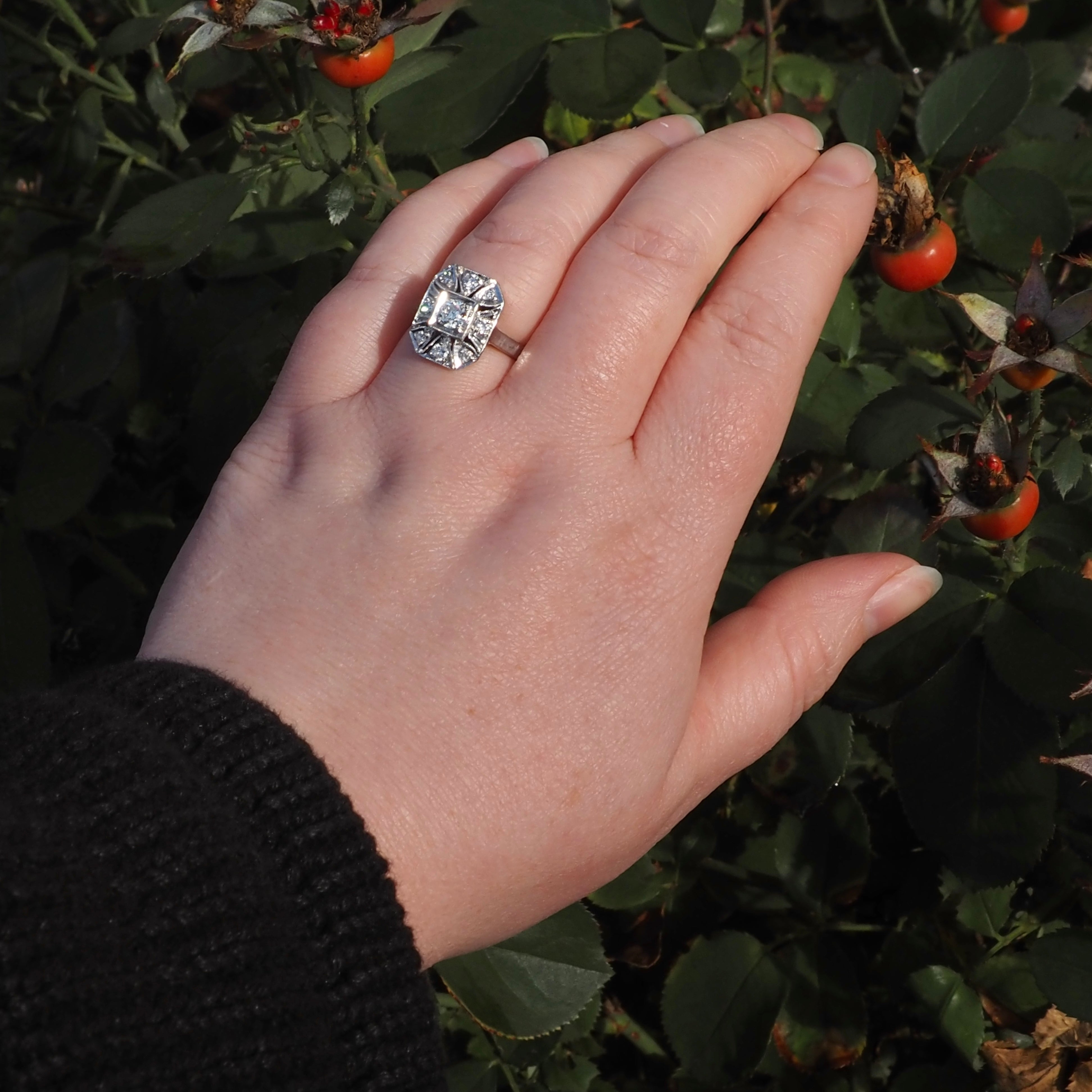 Late Art Deco Old European Cut Diamond Shield Cluster 14k White Gold Ring