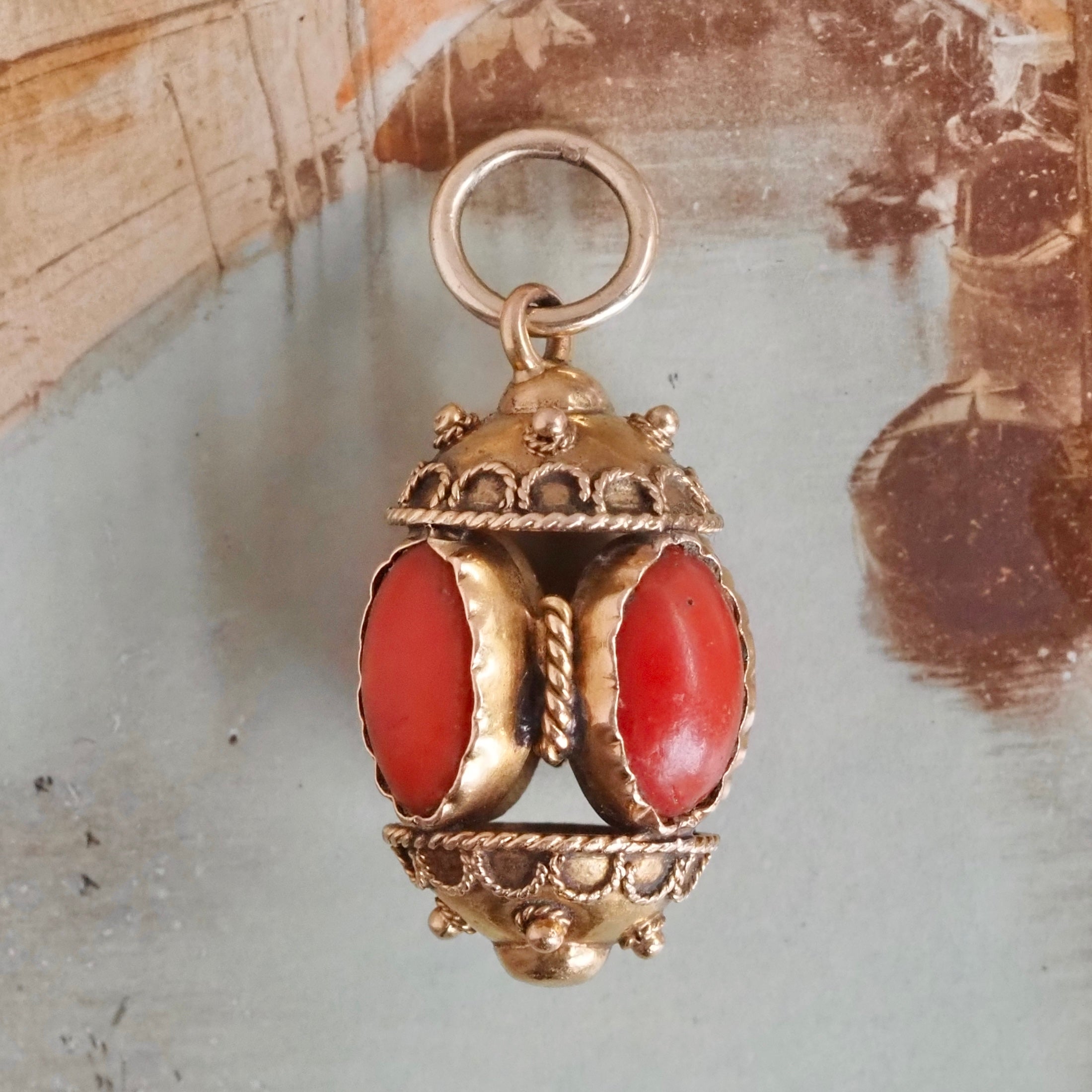 Antique Victorian Etruscan Revival Coral 18k Gold Pendant