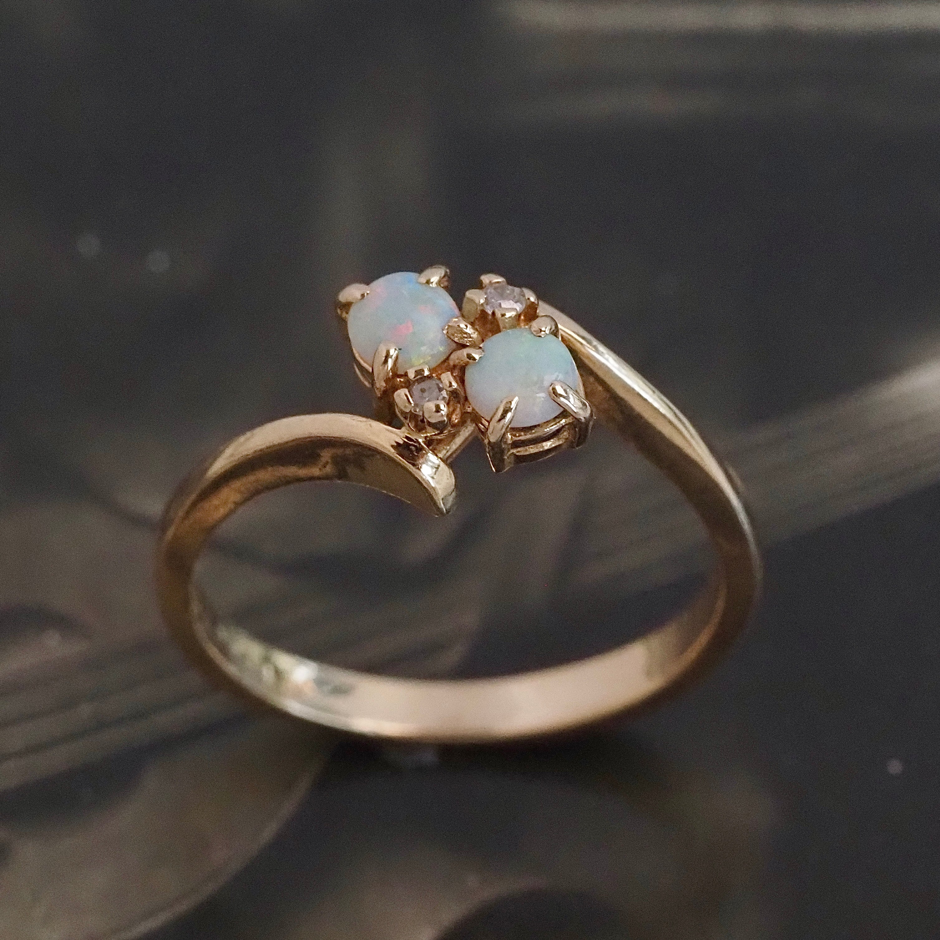 Vintage Opal Diamond Moi et Toi 10k Gold Ring