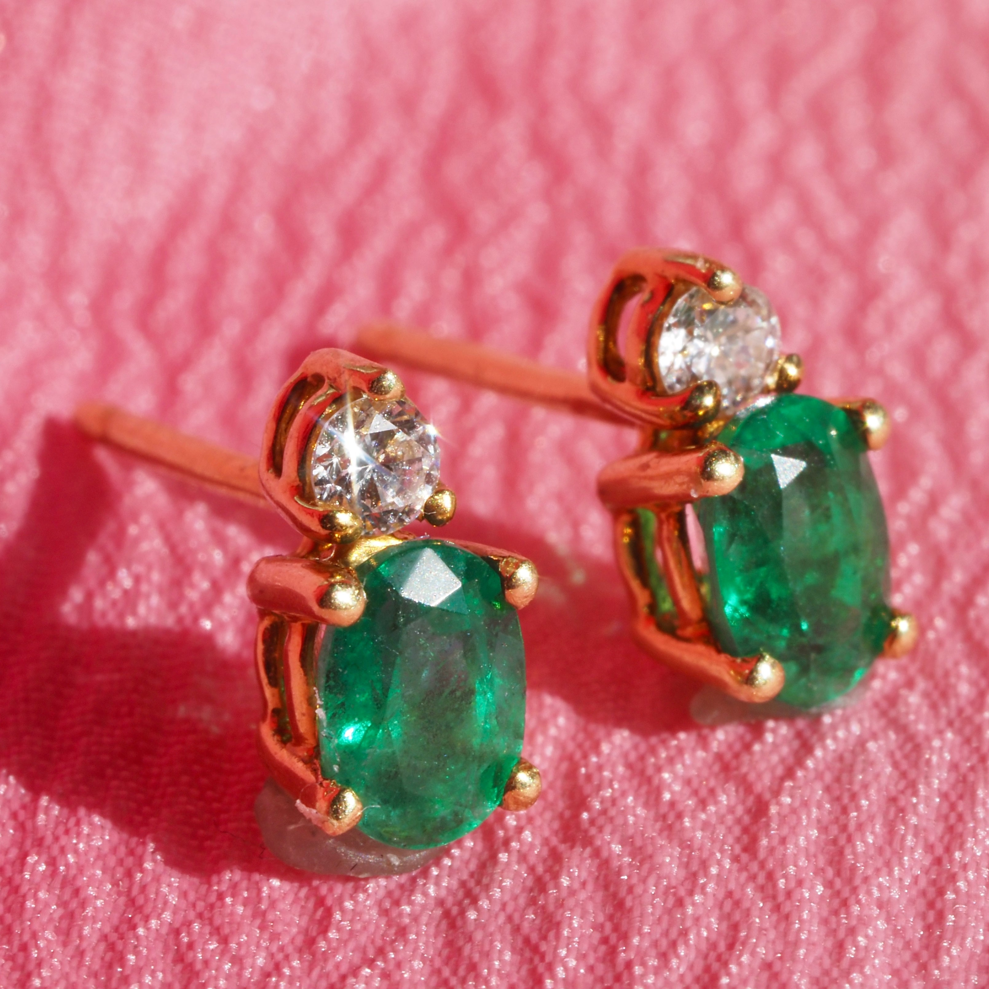 Vintage 18k Gold Emerald & Diamond Earrings