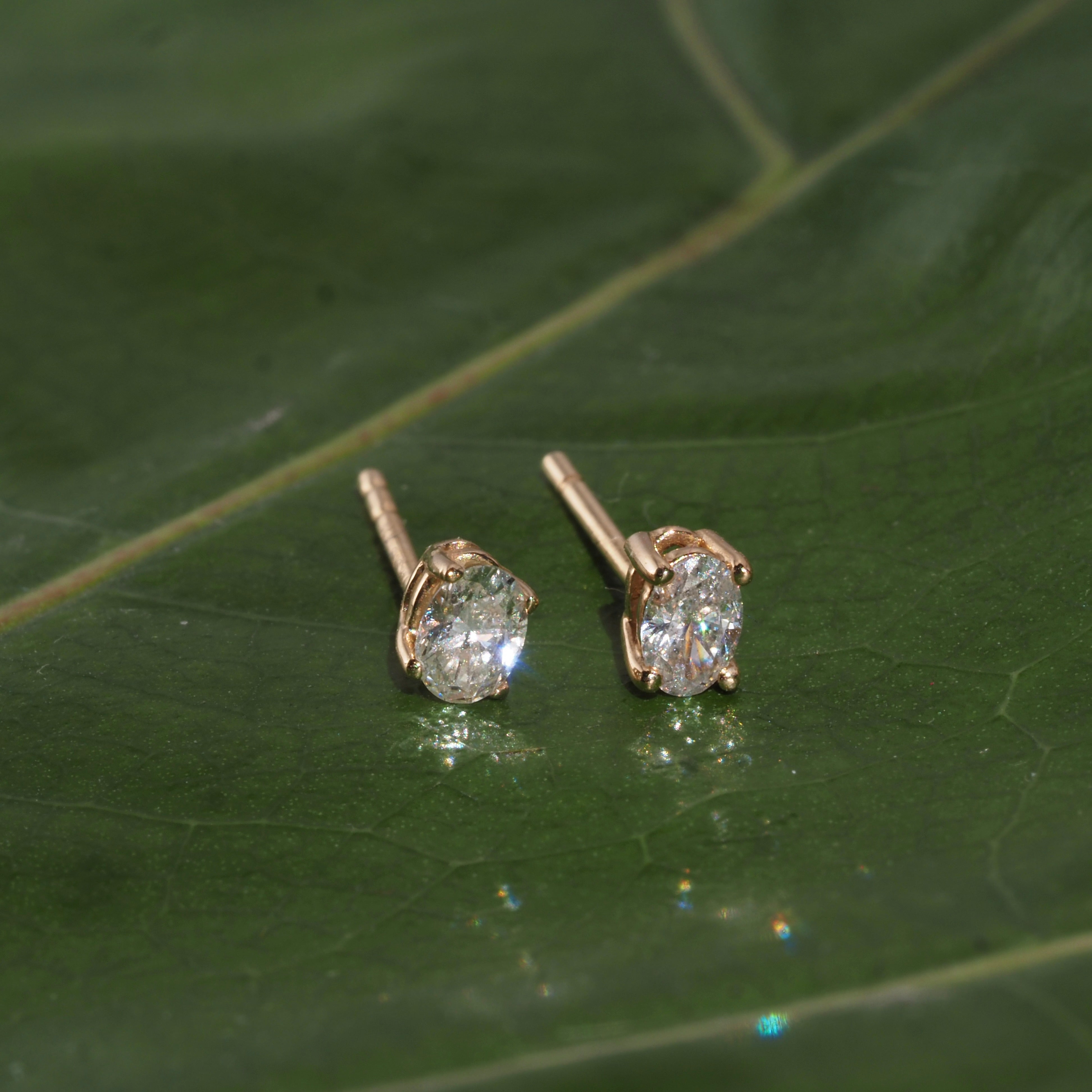 Vintage 14k Gold Oval Diamond Stud Earrings